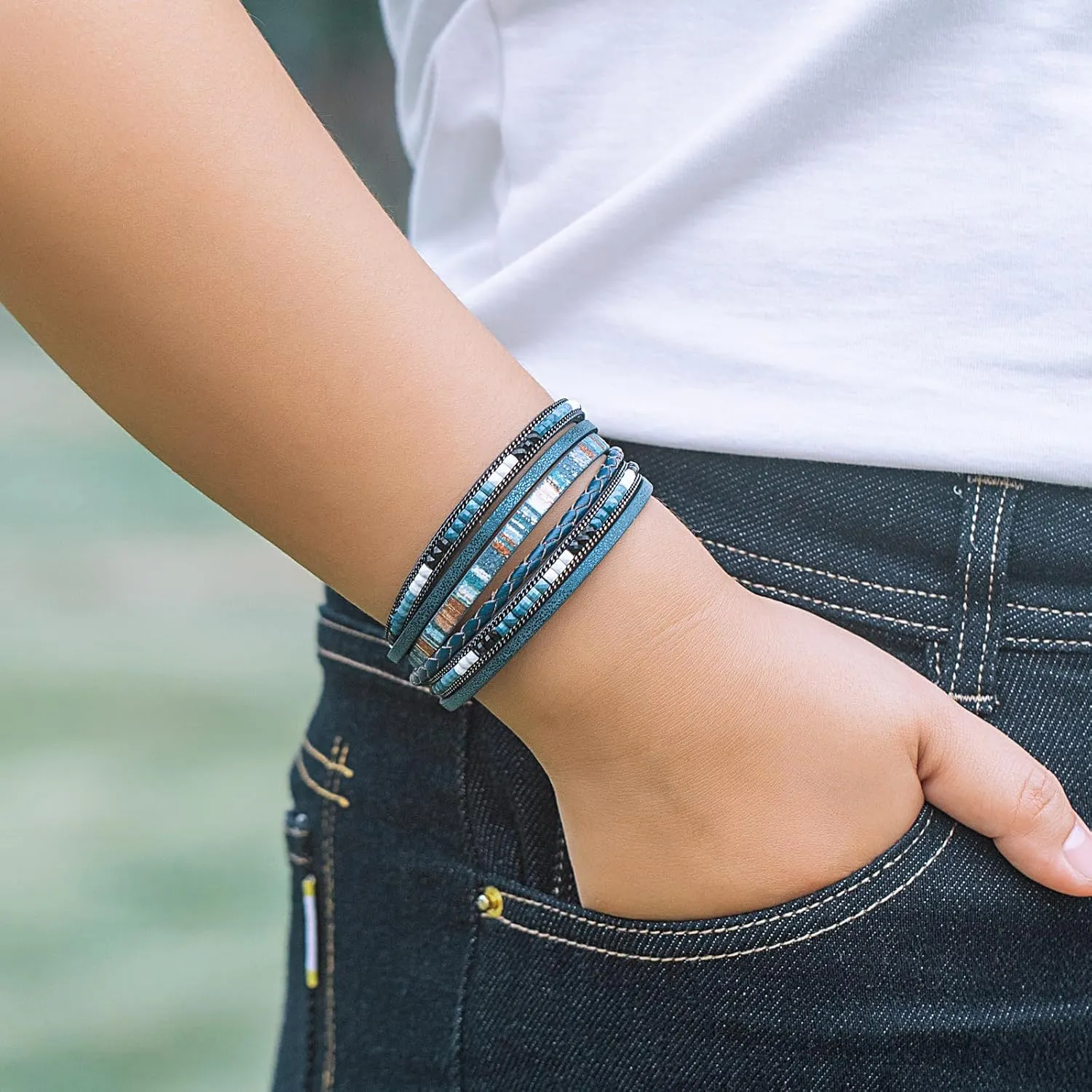 FANCY SHINY Boho Leather Wrap Bracelets Trendy Layered Bracelets with Magnetic Clasp Strackable Bohemian Jewelry Gifts for Women