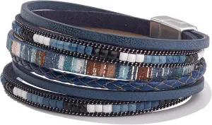 FANCY SHINY Boho Leather Wrap Bracelets Trendy Layered Bracelets with Magnetic Clasp Strackable Bohemian Jewelry Gifts for Women