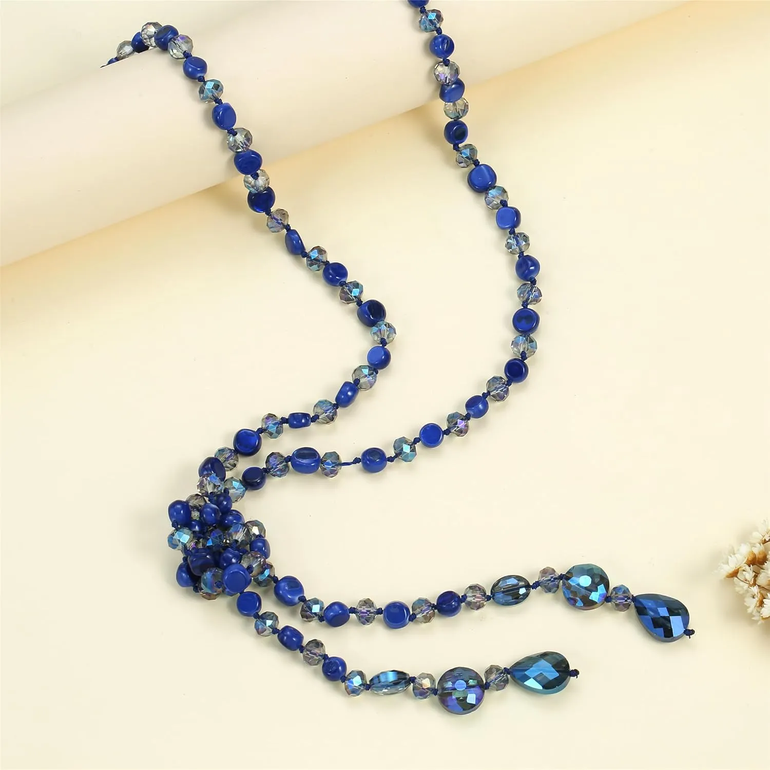 Fashion Beads Knotted Necklace Long Strand With Dangling Accents Sparkly Teardrop Crystal Handmade Wrap Beaded Necklaces for Women Fashion Costume Jewelry