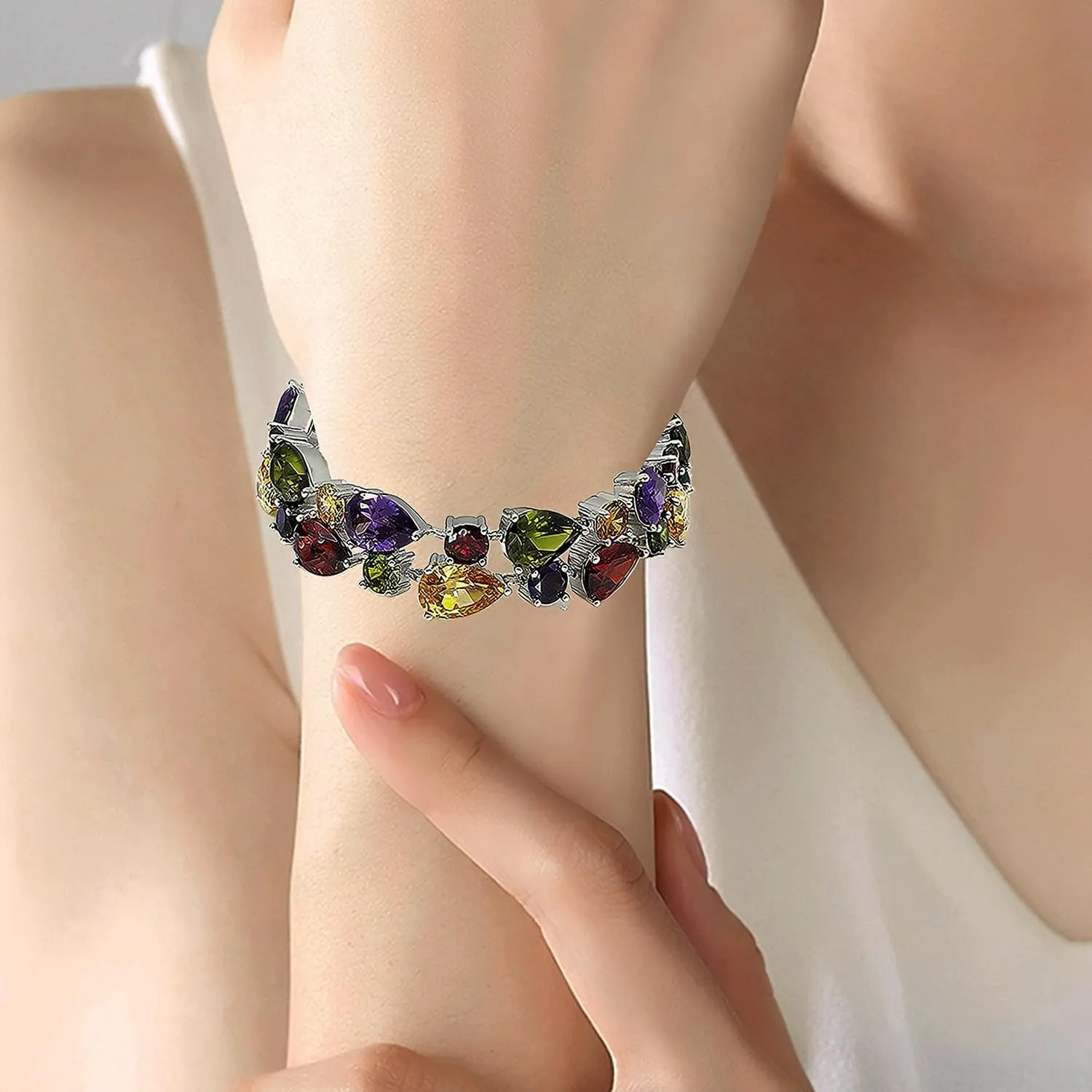 Fashion Gemstone Silver Bracelets, Silver Jewelry for Women Bracelet, Amethyst Garnet Morganite Peridot Women Jewelry Bracelets