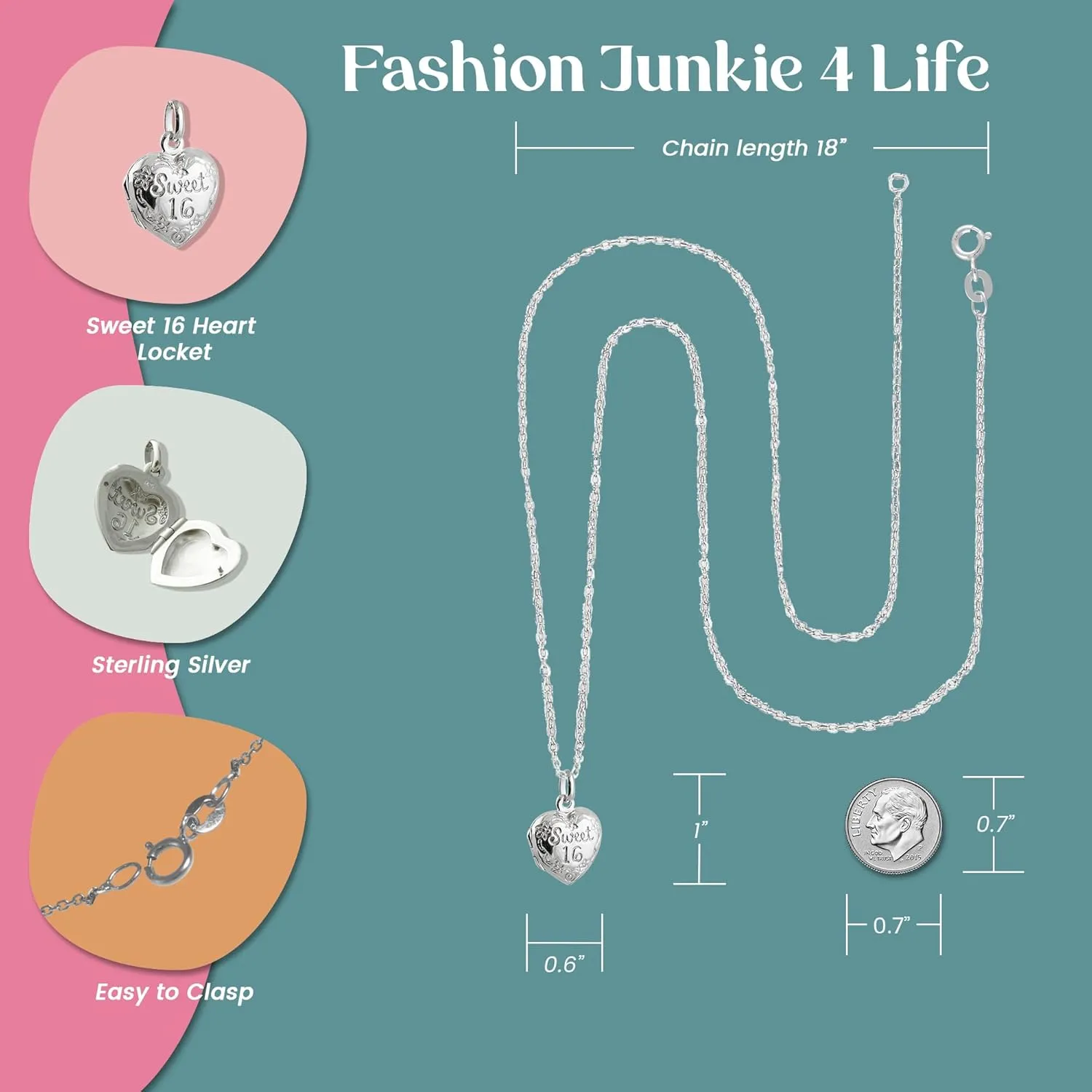FashionJunkie4Life Sterling Silver Locket Necklaces for Women, 18" Cable Chain