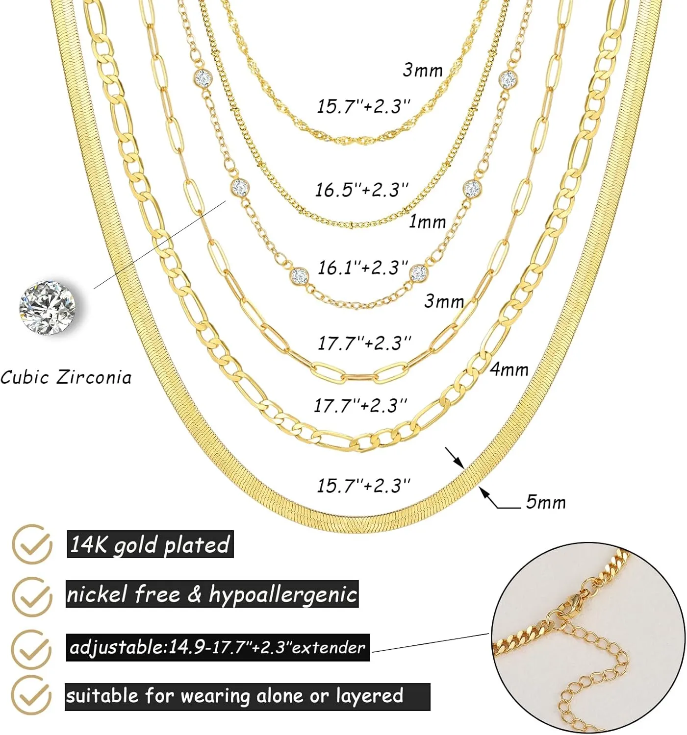 FAXHION 6PCS Gold Layered Chain Necklaces for Women,18k Gold Dainty CZ Choker Necklace Trendy, Adjustable Layering Necklace Set for Women Gifts
