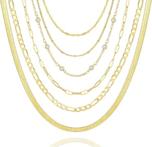 FAXHION 6PCS Gold Layered Chain Necklaces for Women,18k Gold Dainty CZ Choker Necklace Trendy, Adjustable Layering Necklace Set for Women Gifts