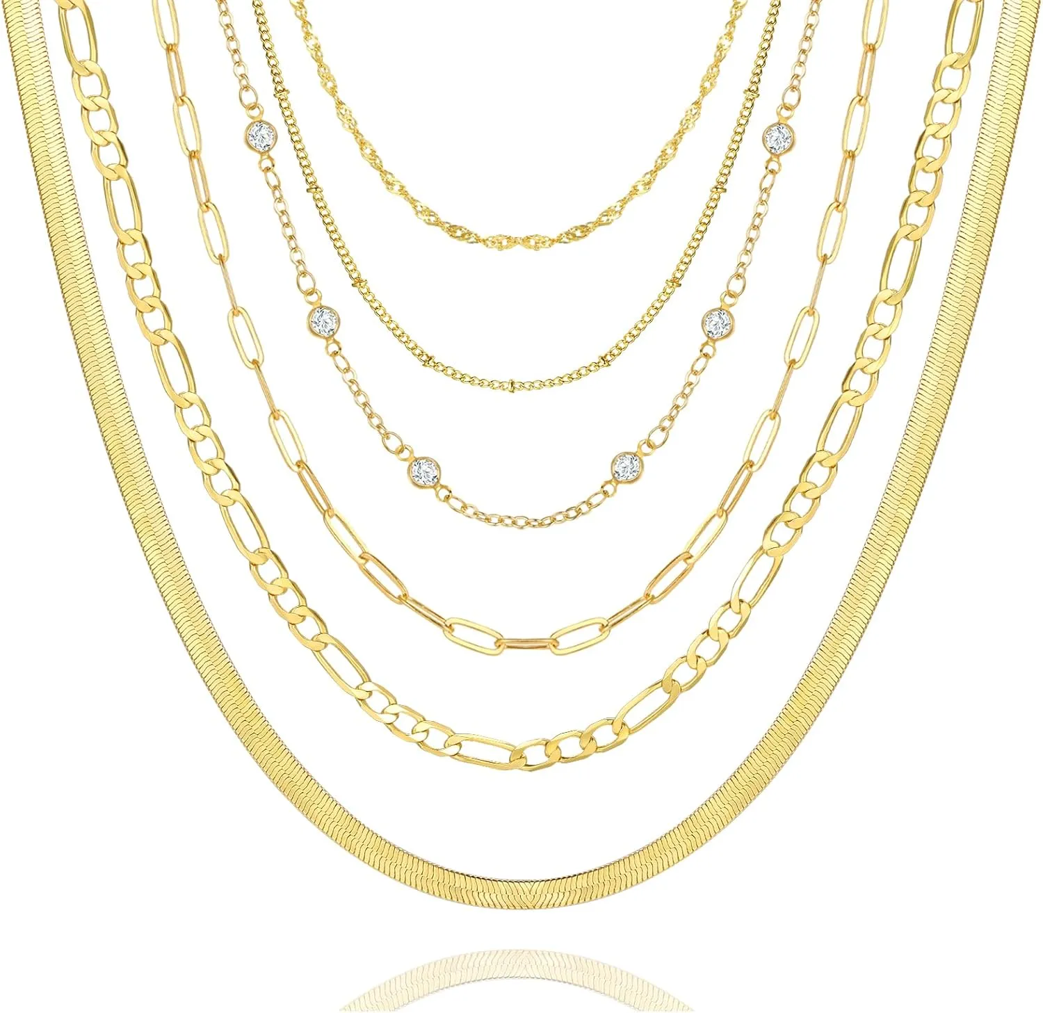 FAXHION 6PCS Gold Layered Chain Necklaces for Women,18k Gold Dainty CZ Choker Necklace Trendy, Adjustable Layering Necklace Set for Women Gifts