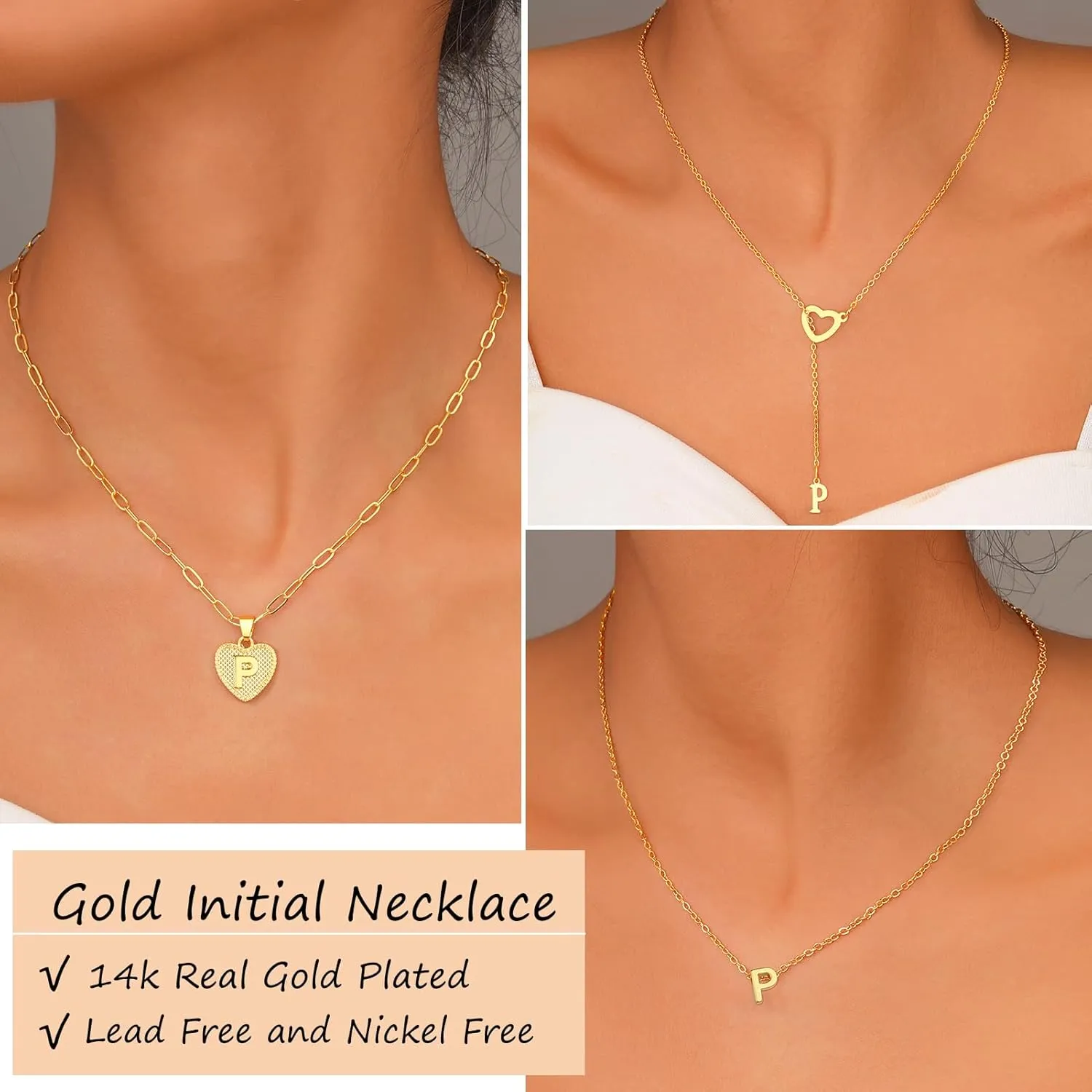 FAXHION Gold Initial Necklaces for Women, 3 Pcs 14K Gold Plated Letter Heart Pendant Necklaces, Dainty Gold Letter Necklace Set Layering Choker Necklace for Gift