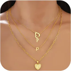 FAXHION Gold Initial Necklaces for Women, 3 Pcs 14K Gold Plated Letter Heart Pendant Necklaces, Dainty Gold Letter Necklace Set Layering Choker Necklace for Gift