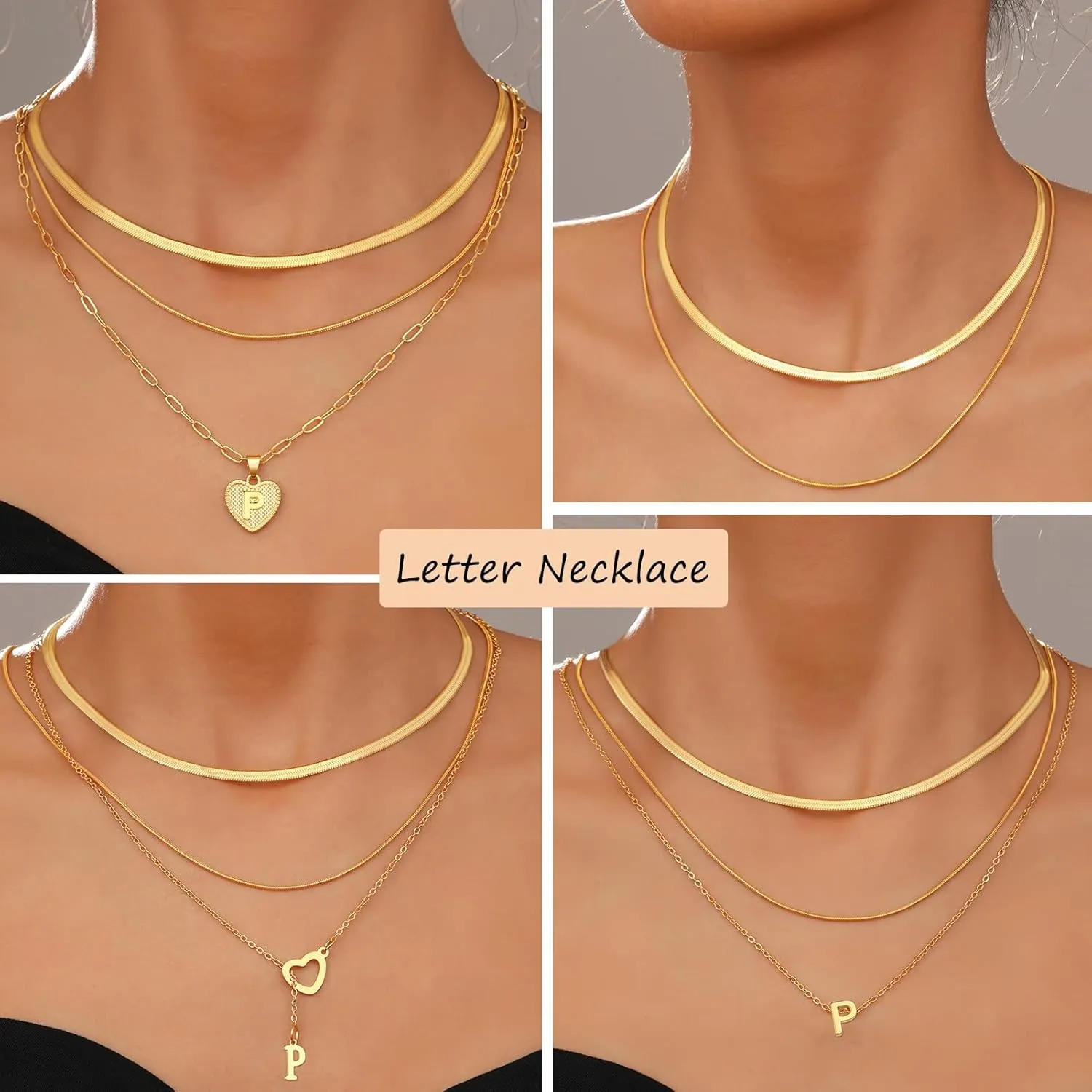 FAXHION Gold Initial Necklaces for Women, 3 Pcs 14K Gold Plated Letter Heart Pendant Necklaces, Dainty Gold Letter Necklace Set Layering Choker Necklace for Gift