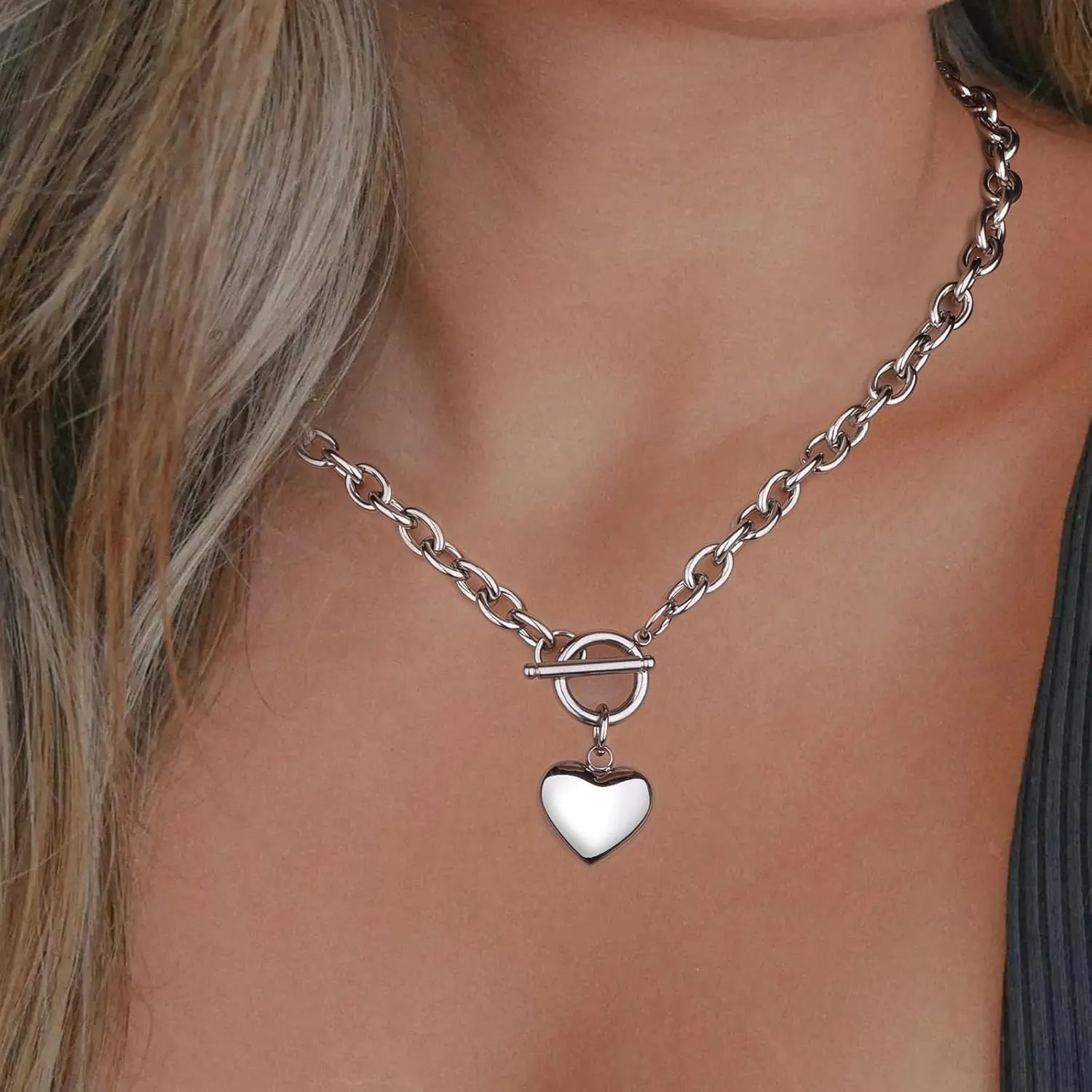 FEEL STYLE Chunky Gold Necklace for Women - 18K Gold Plated Heart Lock Charm Necklace - Cuban Chain Link U Shaped Bamboo Paperclip Choker Necklace - Statement Jewelry Gifts for Women
