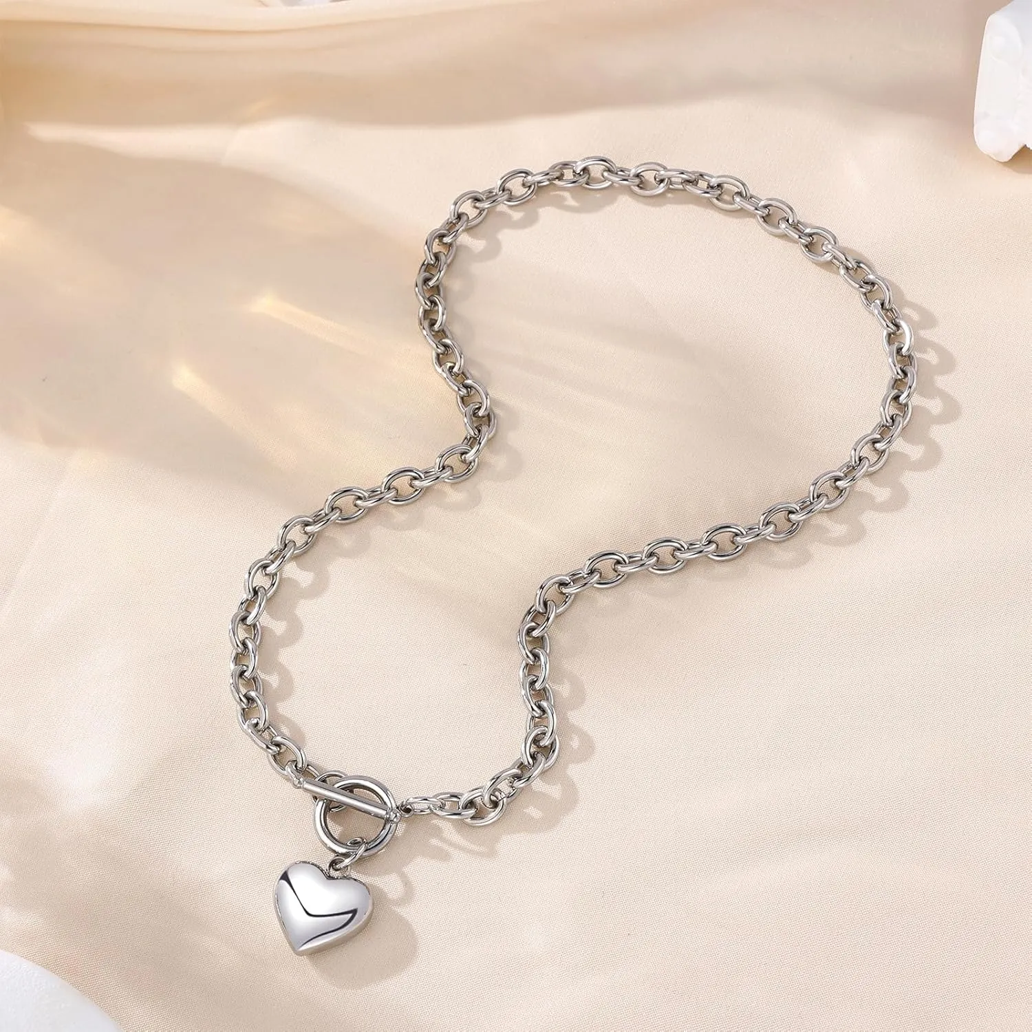 FEEL STYLE Chunky Gold Necklace for Women - 18K Gold Plated Heart Lock Charm Necklace - Cuban Chain Link U Shaped Bamboo Paperclip Choker Necklace - Statement Jewelry Gifts for Women