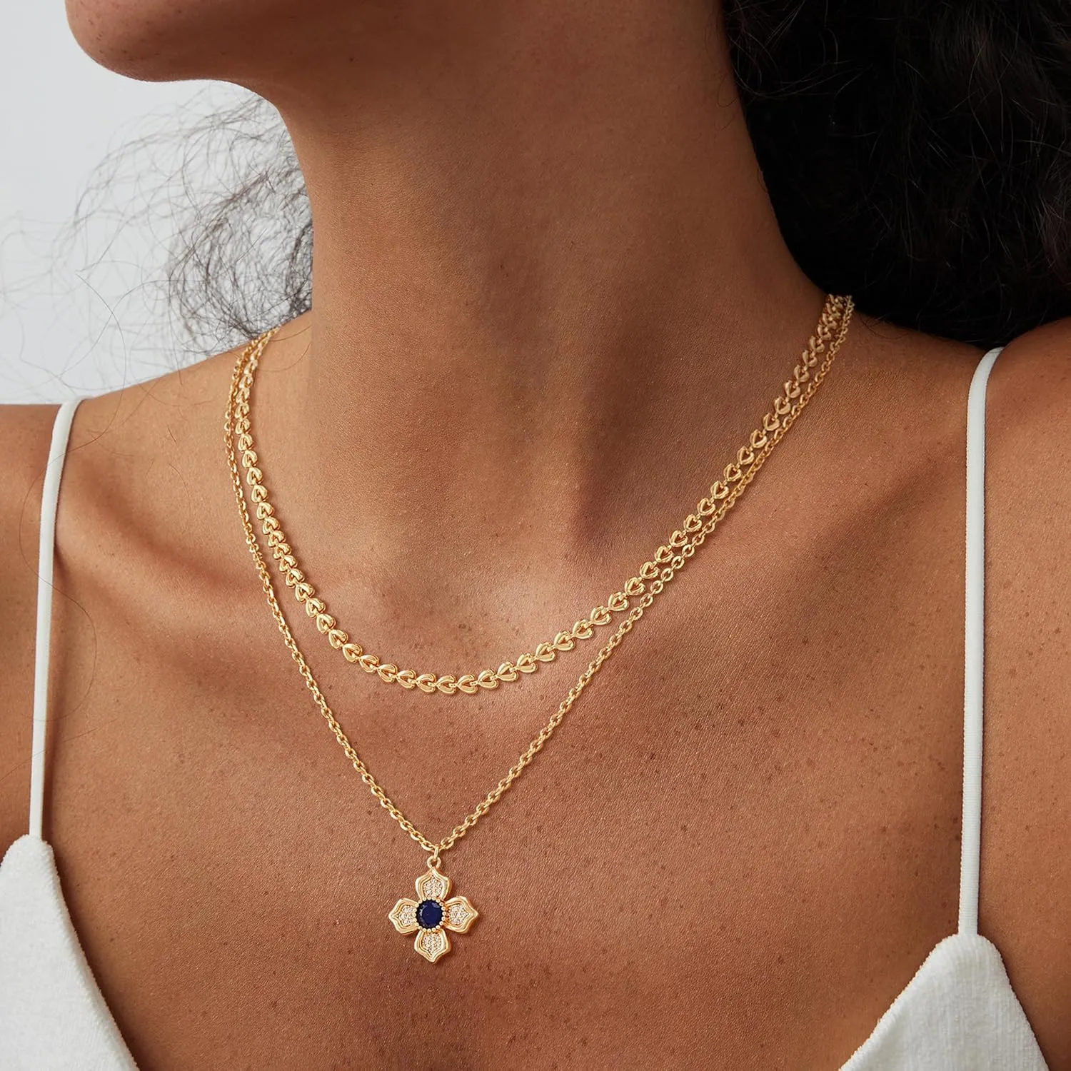 Fettero Layered Gold Necklaces for Women Dainty Necklace 14K Gold Plated Layered Necklaces Trendy Charm Floral Clover Pendant Necklace Stack Neckalce Jewelry Set for Engagement Birthday