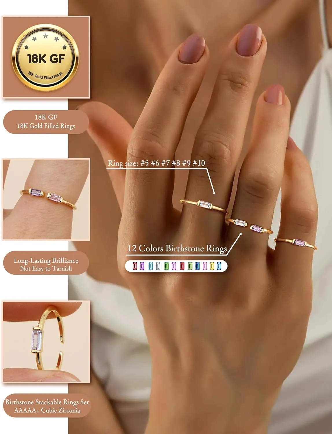 FIASASO 3Pcs Dainty Birthstone Rings for Women Mother - 18K Gold Plated Stackable Birth Stone Ring Non Tarnish Adjustable Green Gem Stone Stacking Rings Set