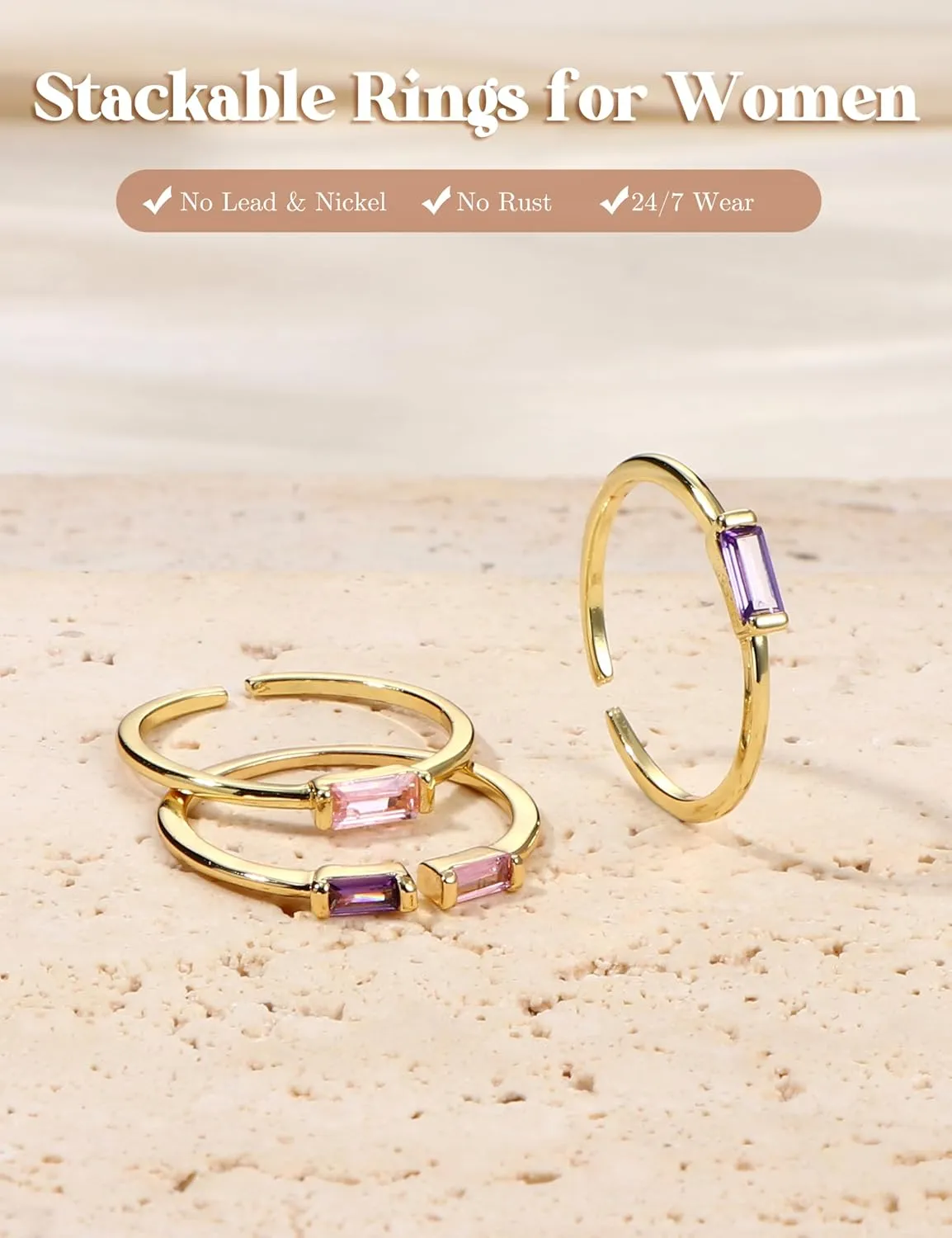 FIASASO 3Pcs Dainty Birthstone Rings for Women Mother - 18K Gold Plated Stackable Birth Stone Ring Non Tarnish Adjustable Green Gem Stone Stacking Rings Set