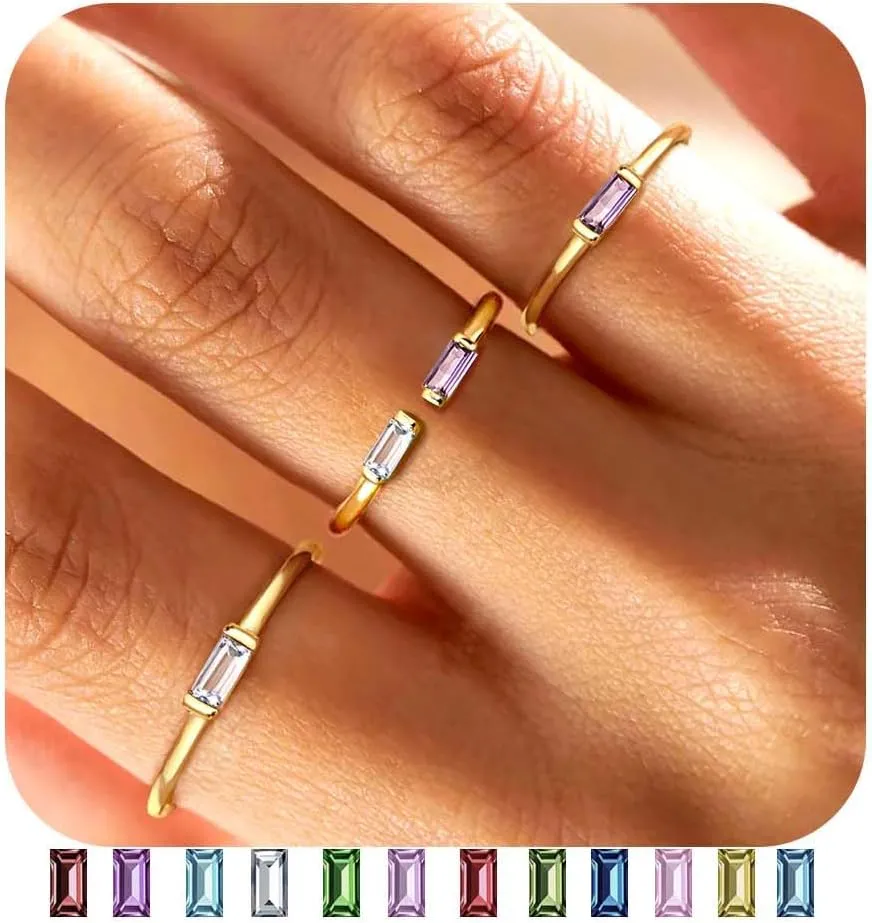 FIASASO 3Pcs Dainty Birthstone Rings for Women Mother - 18K Gold Plated Stackable Birth Stone Ring Non Tarnish Adjustable Green Gem Stone Stacking Rings Set