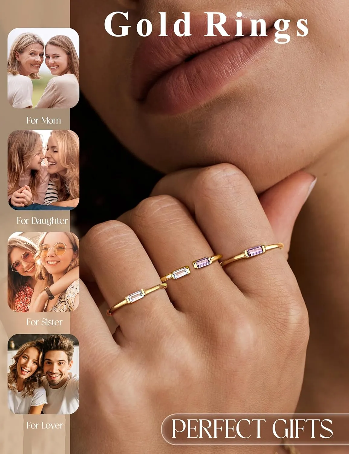 FIASASO 3Pcs Dainty Birthstone Rings for Women Mother - 18K Gold Plated Stackable Birth Stone Ring Non Tarnish Adjustable Green Gem Stone Stacking Rings Set