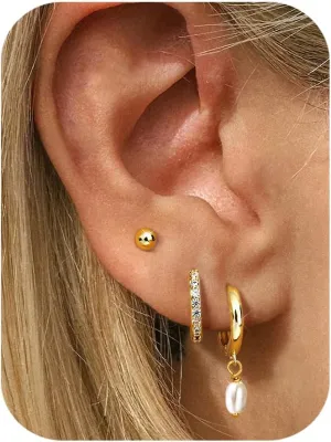 FIBO STEEL 14K Gold Earrings for Women - 925 Sterling Silver Hypoallergenic Earrings Set for Multiple Piercing - Cartilage Dainty Small Huggie Hoop Stud Earring Stacks for Sensitive Ears