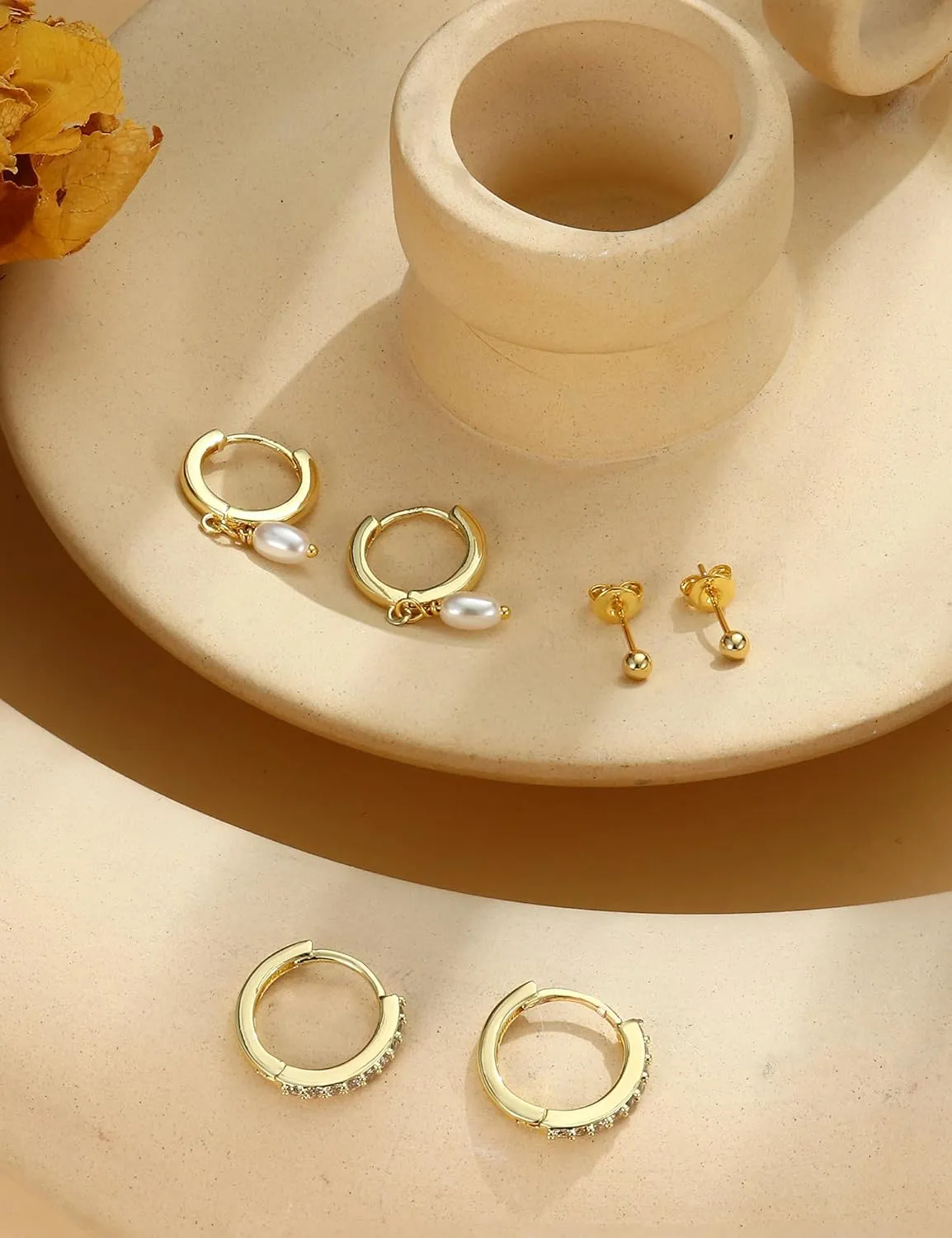 FIBO STEEL 14K Gold Earrings for Women - 925 Sterling Silver Hypoallergenic Earrings Set for Multiple Piercing - Cartilage Dainty Small Huggie Hoop Stud Earring Stacks for Sensitive Ears