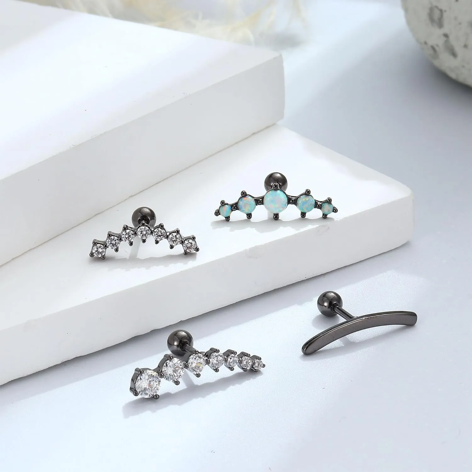 FIBO STEEL 4 Pcs 16G Cartilage Stud Earrings for Women Opal CZ Bar Helix Conch Daith Piercing Jewelry Set
