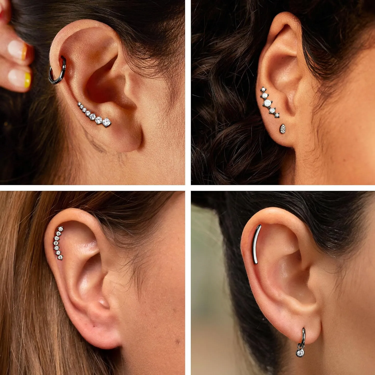FIBO STEEL 4 Pcs 16G Cartilage Stud Earrings for Women Opal CZ Bar Helix Conch Daith Piercing Jewelry Set