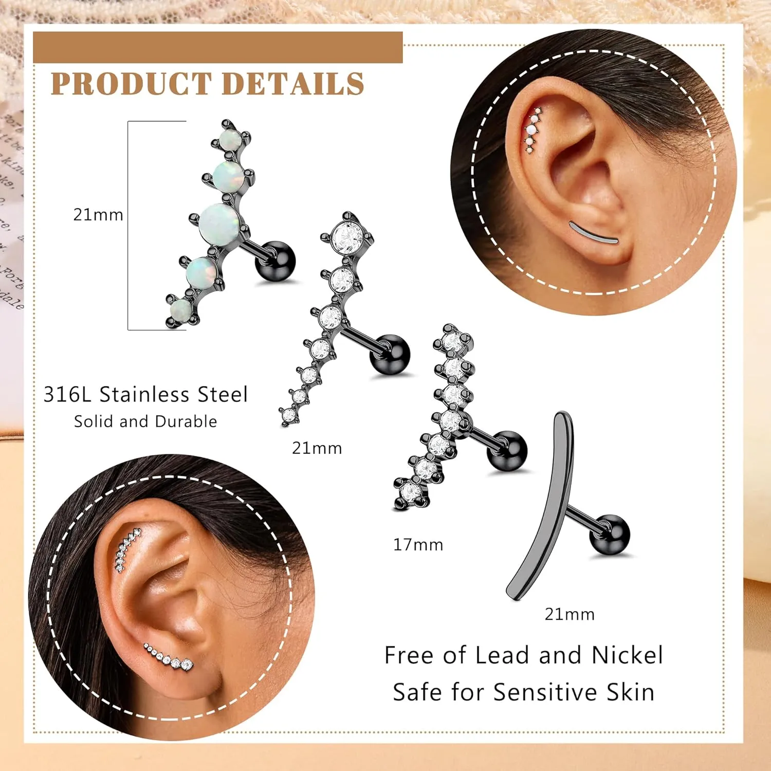 FIBO STEEL 4 Pcs 16G Cartilage Stud Earrings for Women Opal CZ Bar Helix Conch Daith Piercing Jewelry Set