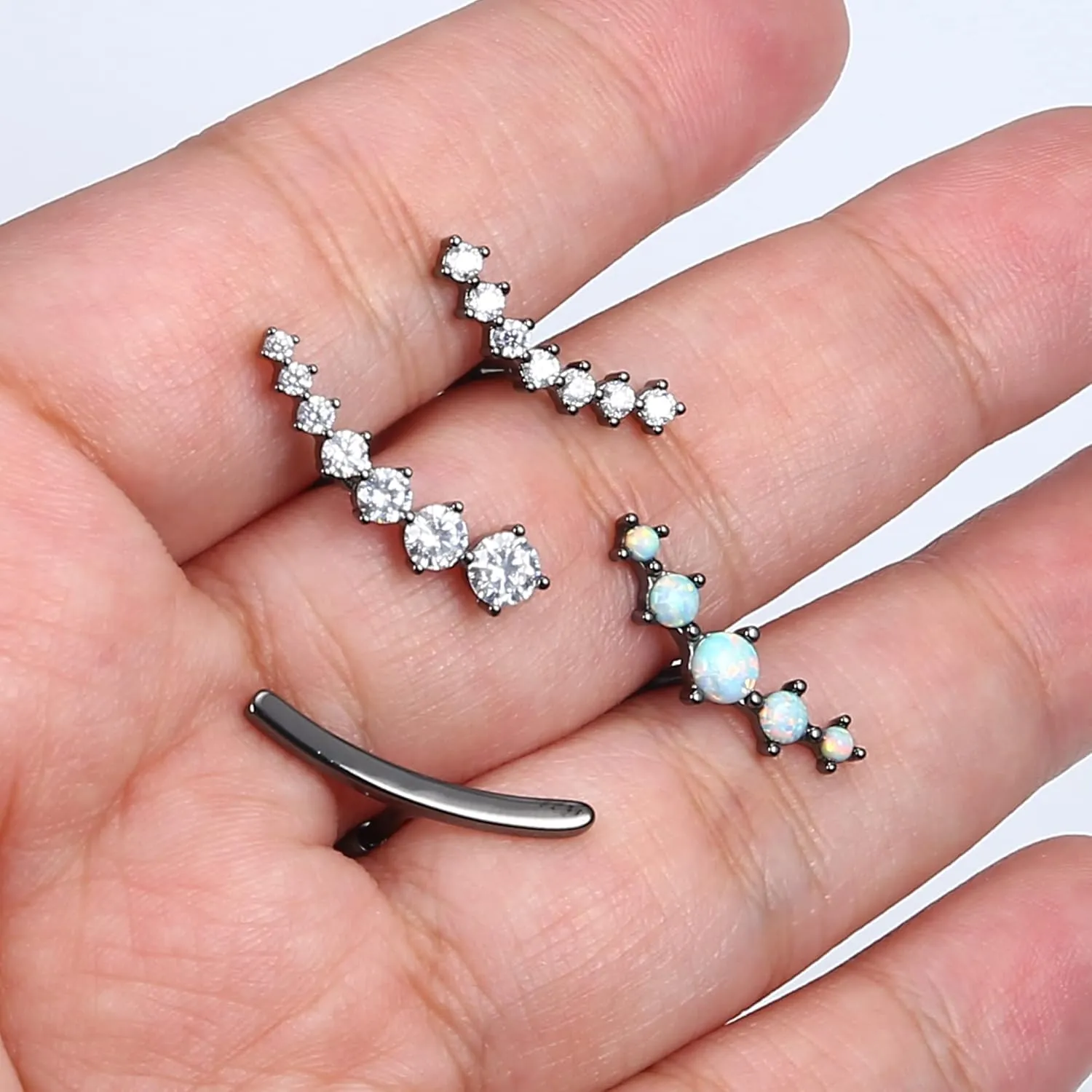 FIBO STEEL 4 Pcs 16G Cartilage Stud Earrings for Women Opal CZ Bar Helix Conch Daith Piercing Jewelry Set