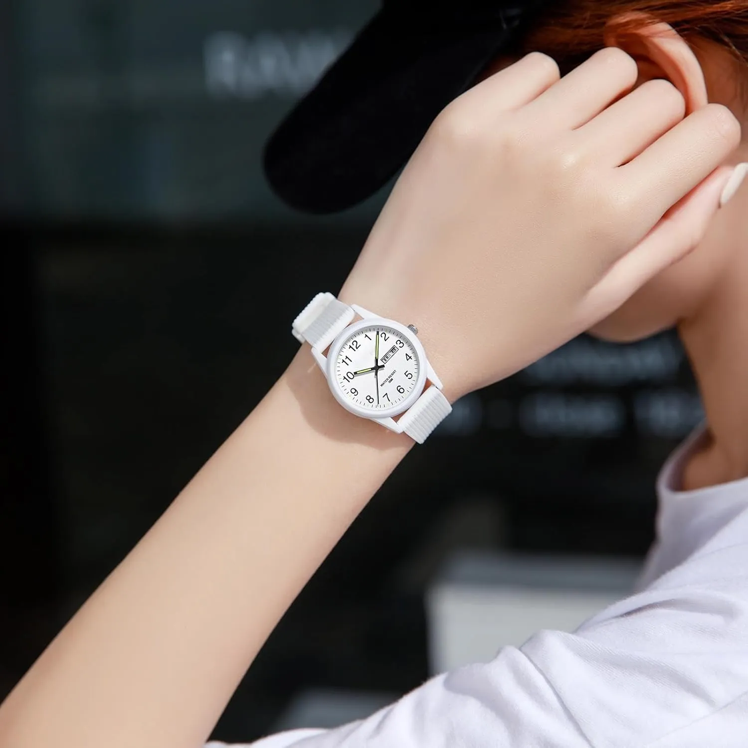 findtime Day Date Watches for Men Easy Read Dial with Luminous Analog Second Hand Gold Arabic Numerals Waterproof White Silicone Band
