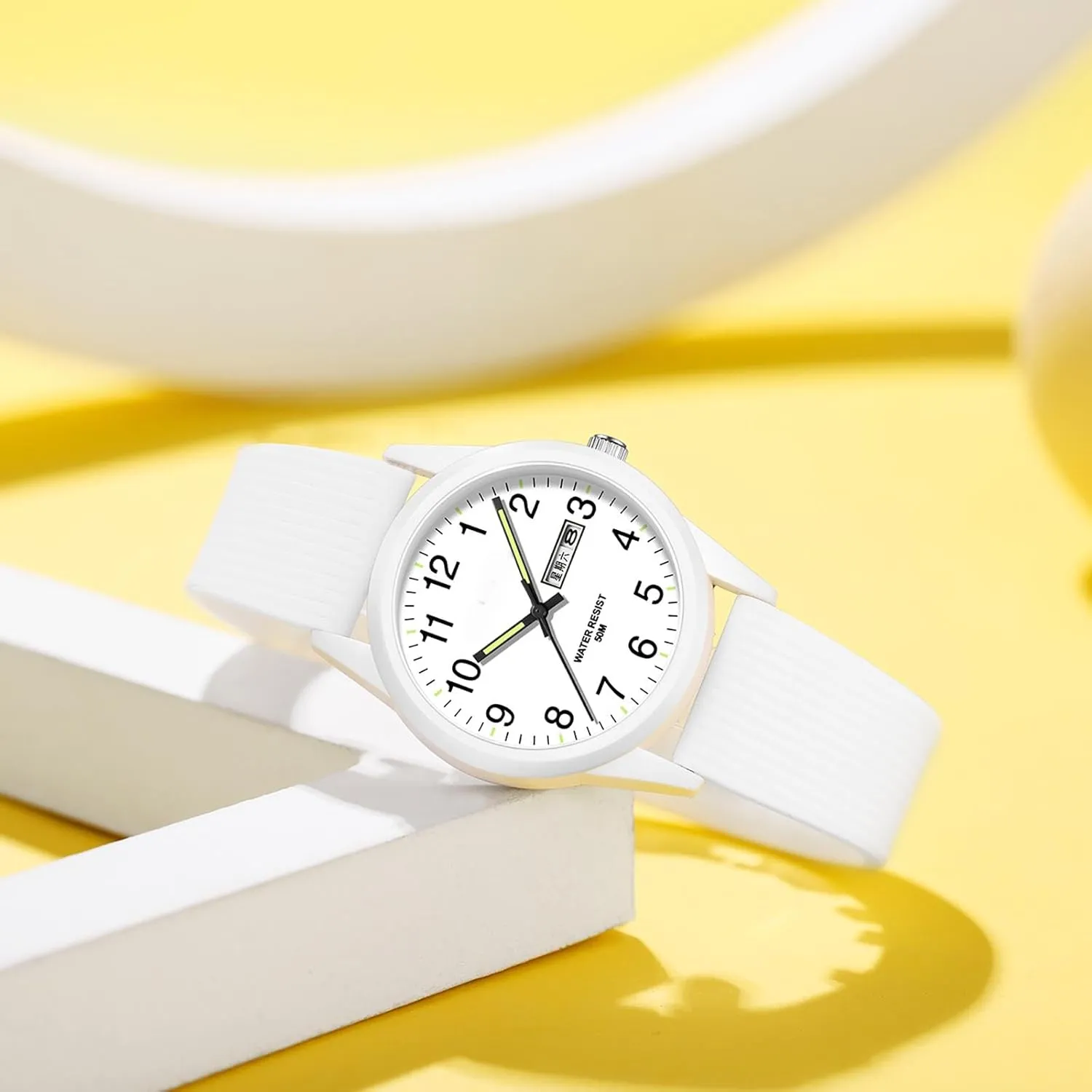 findtime Day Date Watches for Men Easy Read Dial with Luminous Analog Second Hand Gold Arabic Numerals Waterproof White Silicone Band