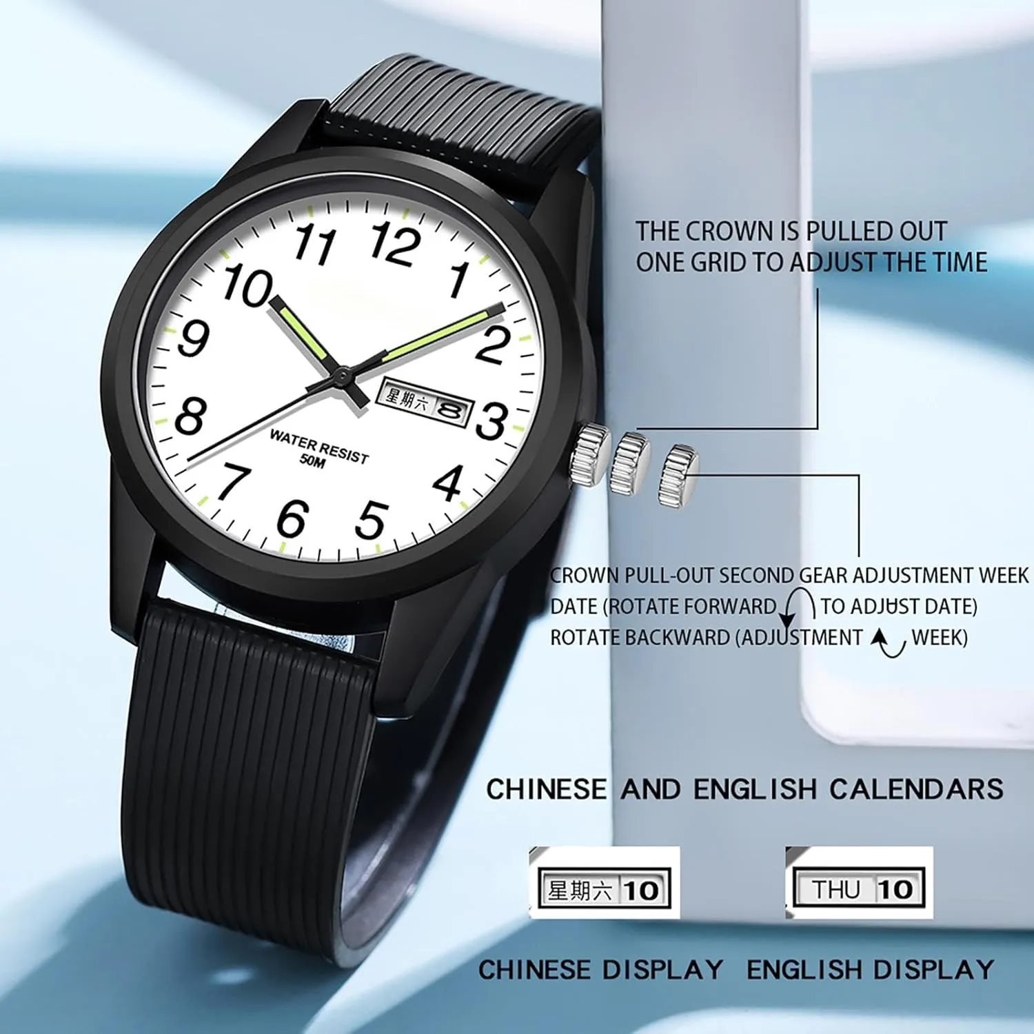 findtime Day Date Watches for Men Easy Read Dial with Luminous Analog Second Hand Gold Arabic Numerals Waterproof White Silicone Band