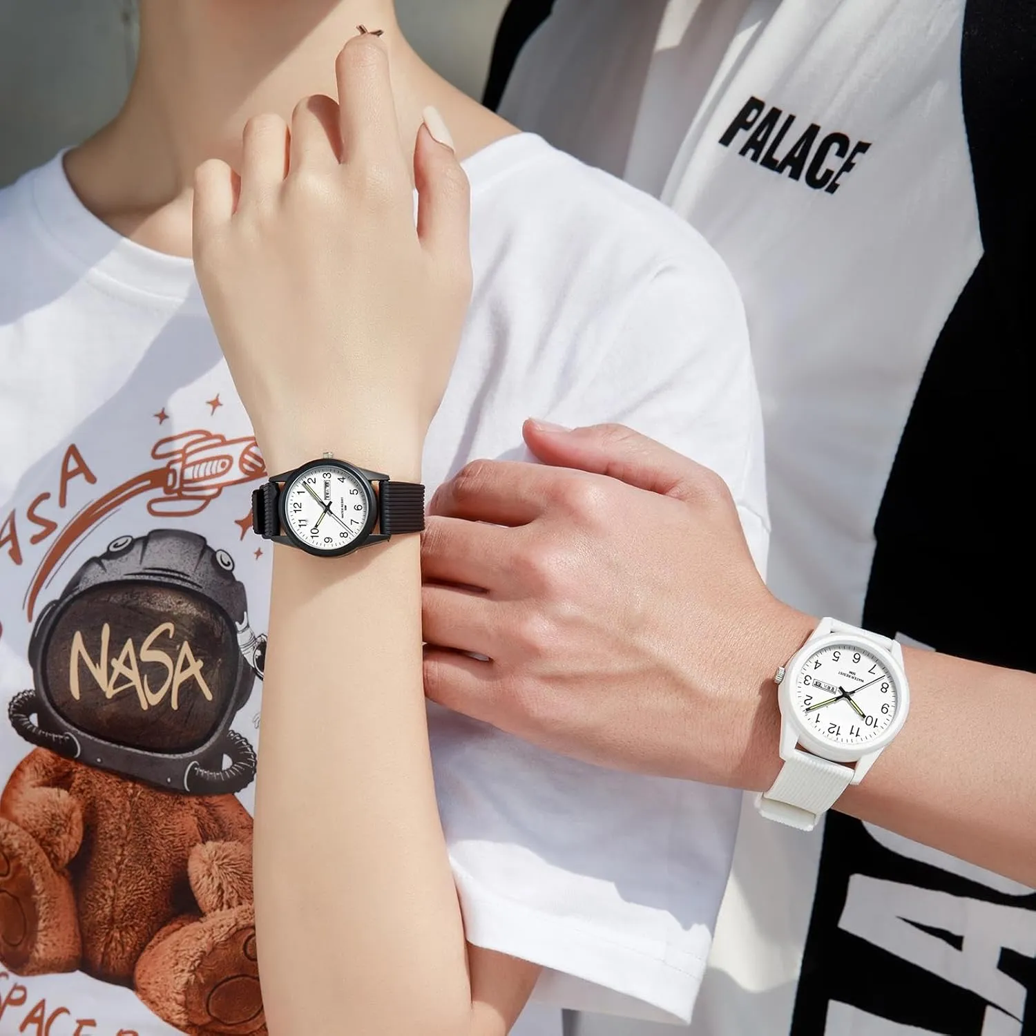 findtime Day Date Watches for Men Easy Read Dial with Luminous Analog Second Hand Gold Arabic Numerals Waterproof White Silicone Band