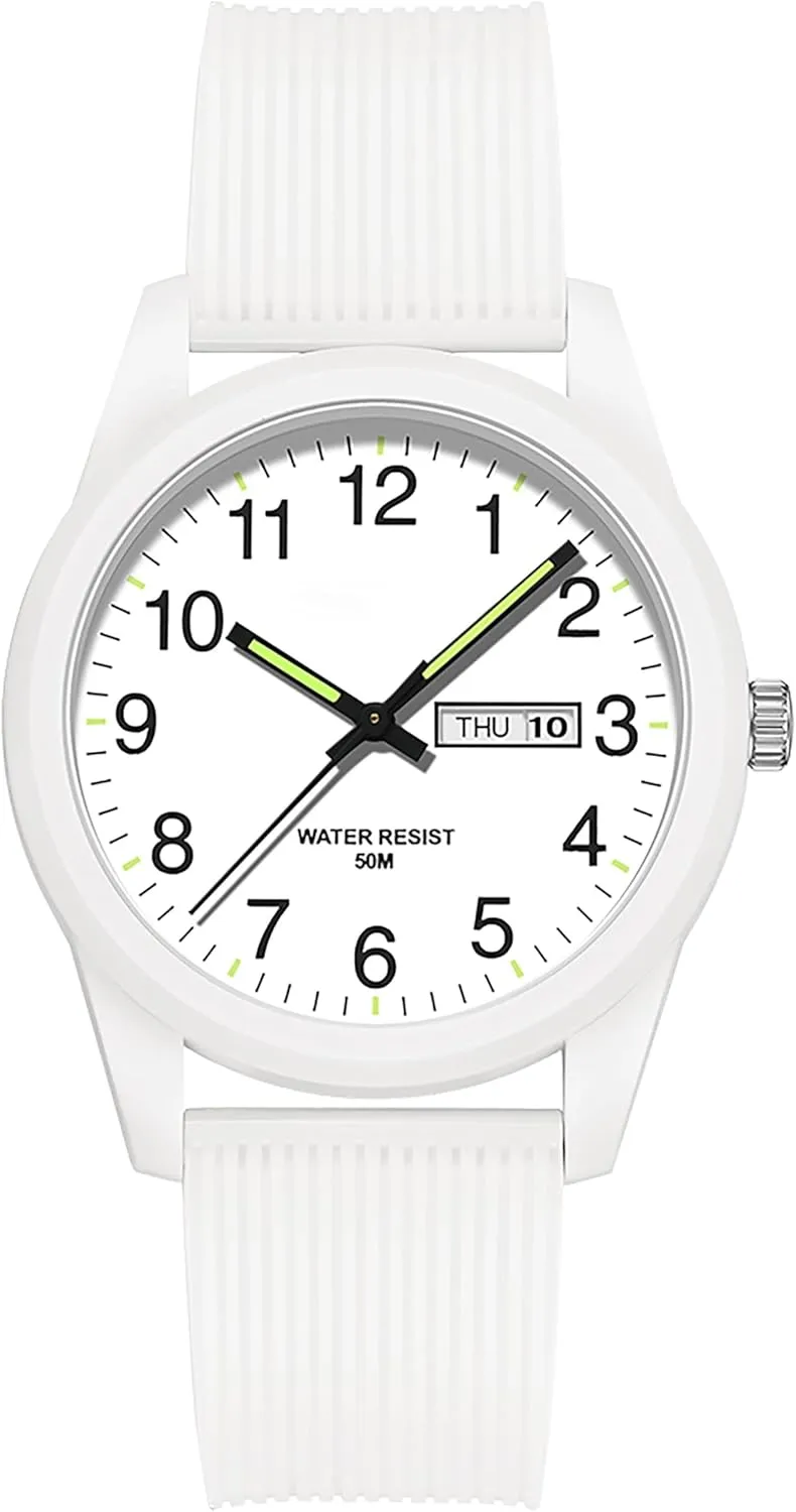 findtime Day Date Watches for Men Easy Read Dial with Luminous Analog Second Hand Gold Arabic Numerals Waterproof White Silicone Band