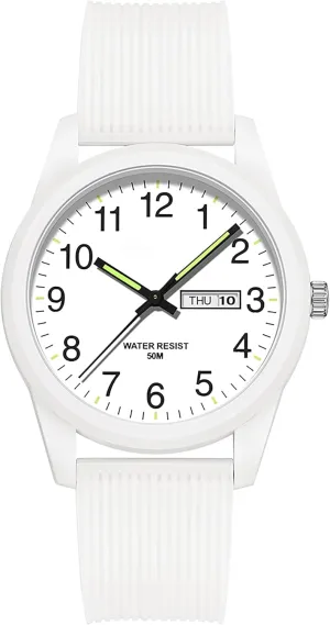 findtime Day Date Watches for Men Easy Read Dial with Luminous Analog Second Hand Gold Arabic Numerals Waterproof White Silicone Band