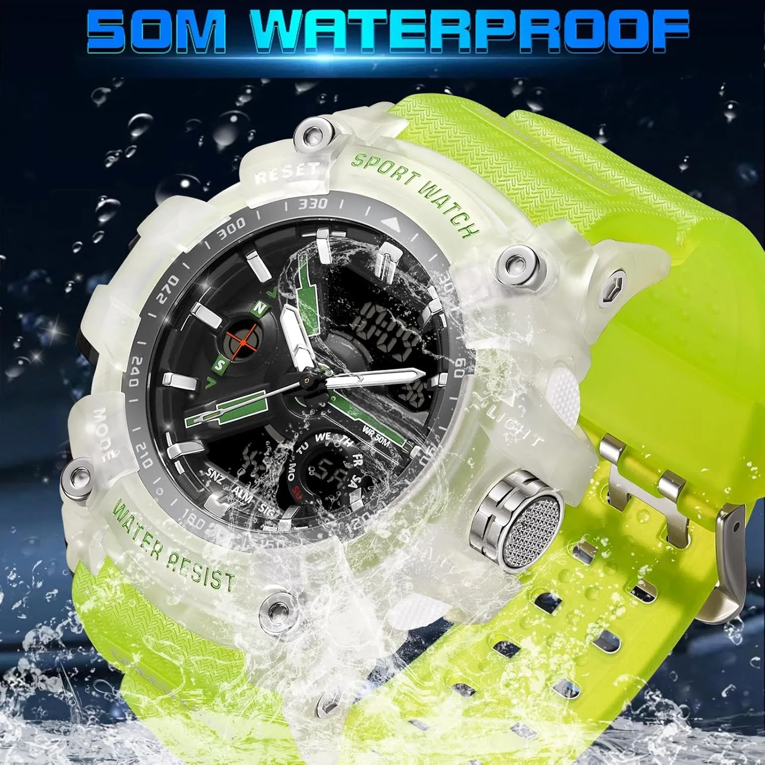 findtime Unique Watches for Men, Military Tactical Men's Wrist Watches Transparent Designer Digital Work Sport Cool Relojes para Hombres Waterproof Fluorescent Green