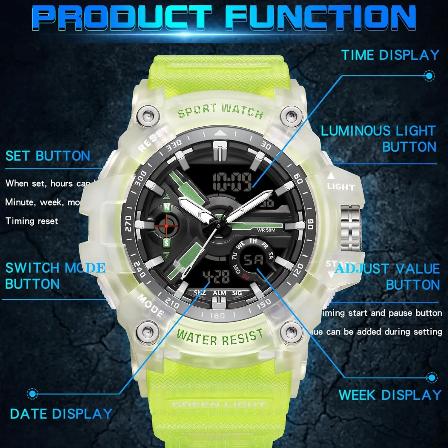 findtime Unique Watches for Men, Military Tactical Men's Wrist Watches Transparent Designer Digital Work Sport Cool Relojes para Hombres Waterproof Fluorescent Green