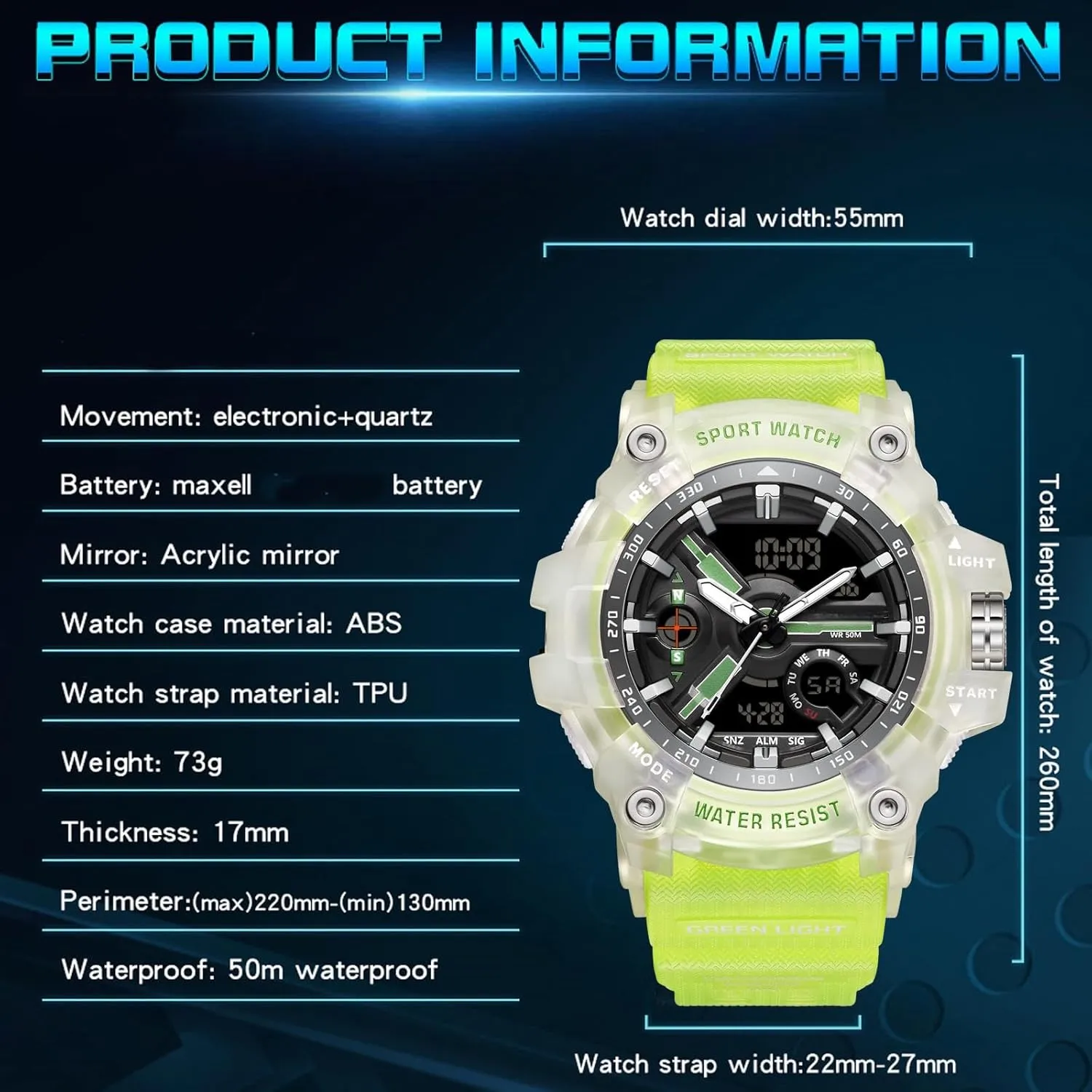 findtime Unique Watches for Men, Military Tactical Men's Wrist Watches Transparent Designer Digital Work Sport Cool Relojes para Hombres Waterproof Fluorescent Green