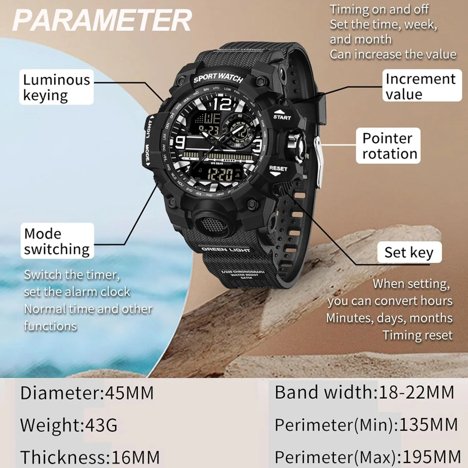 findtime Women's Sport Watch Digital Waterproof Watches Military Watches Analog Outdoor Wrist Watch LED Luminous Alarm Stopwatch Dual Time Wristwatch