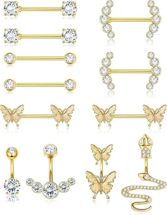 FINREZIO 12PCS Nipple Rings Belly Button Rings for Women 14G Surgical Stainless Steel CZ Butterfly Tongue Rings Belly Nipple Barbell Body Piercing Set Sliver/Gold