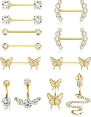 FINREZIO 12PCS Nipple Rings Belly Button Rings for Women 14G Surgical Stainless Steel CZ Butterfly Tongue Rings Belly Nipple Barbell Body Piercing Set Sliver/Gold