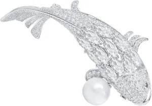 Fish Brooches for Women Fashion Silver Tone Carp Fish Brooch Imitation Pearl Zirconia Broach Pins Lady Gift