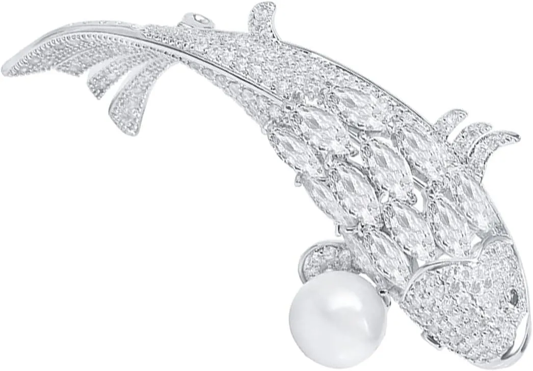 Fish Brooches for Women Fashion Silver Tone Carp Fish Brooch Imitation Pearl Zirconia Broach Pins Lady Gift