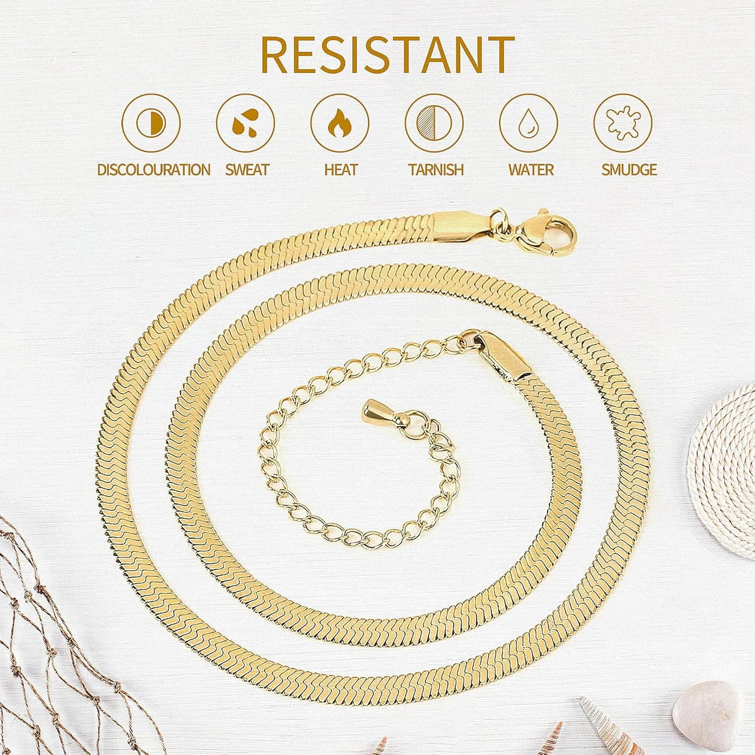 Fiusem Gold Plated Necklace for Women, 14K Gold Plated Herringbone Chain Necklaces, Snake Choker Chain for Women