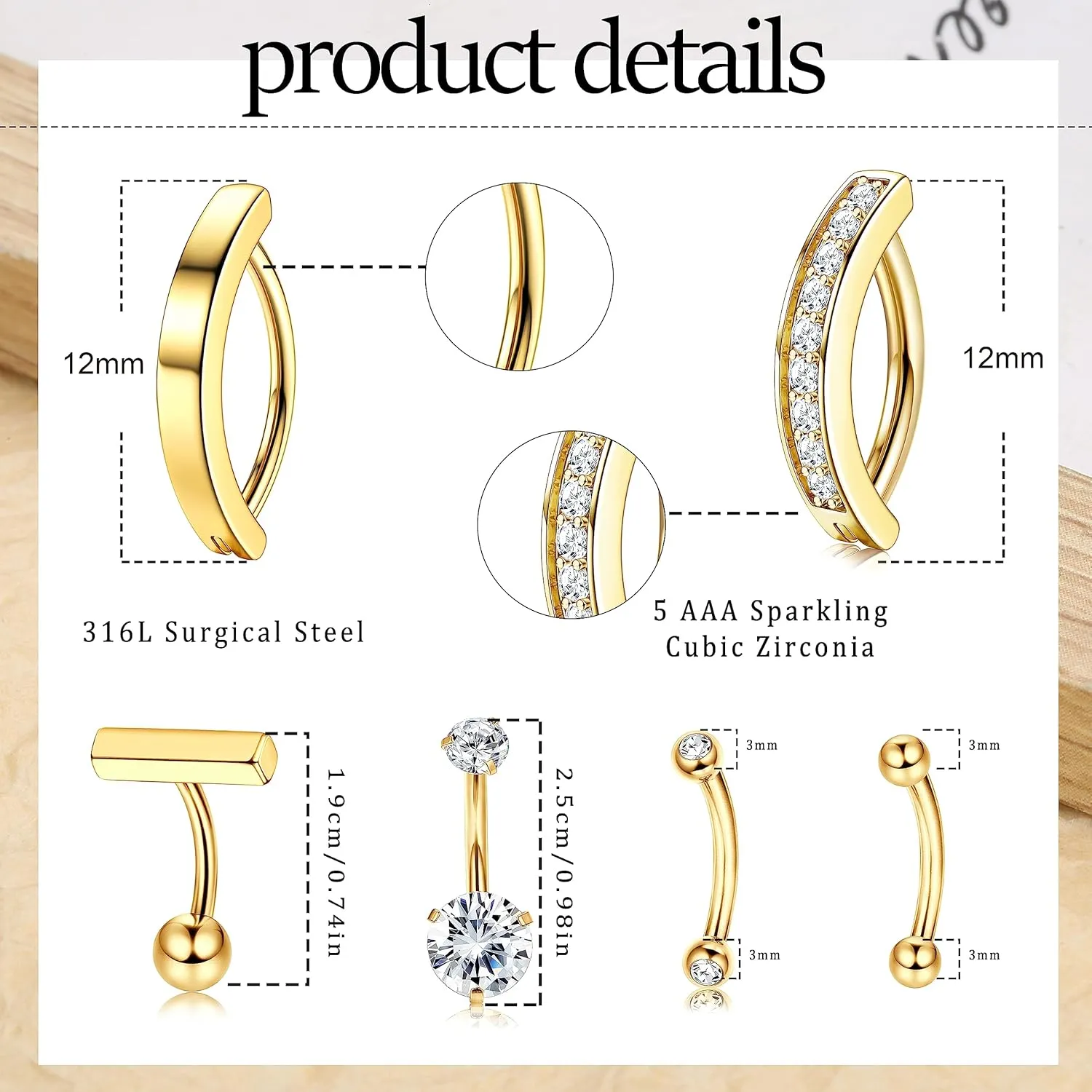 Florideco 6pcs 14G Belly Button Rings For Women Surgical Steel Belly Rings Clicker CZ Navel Rings Simple Small Belly Ring Body Jewelry 10mm 12mm Curved Barbell