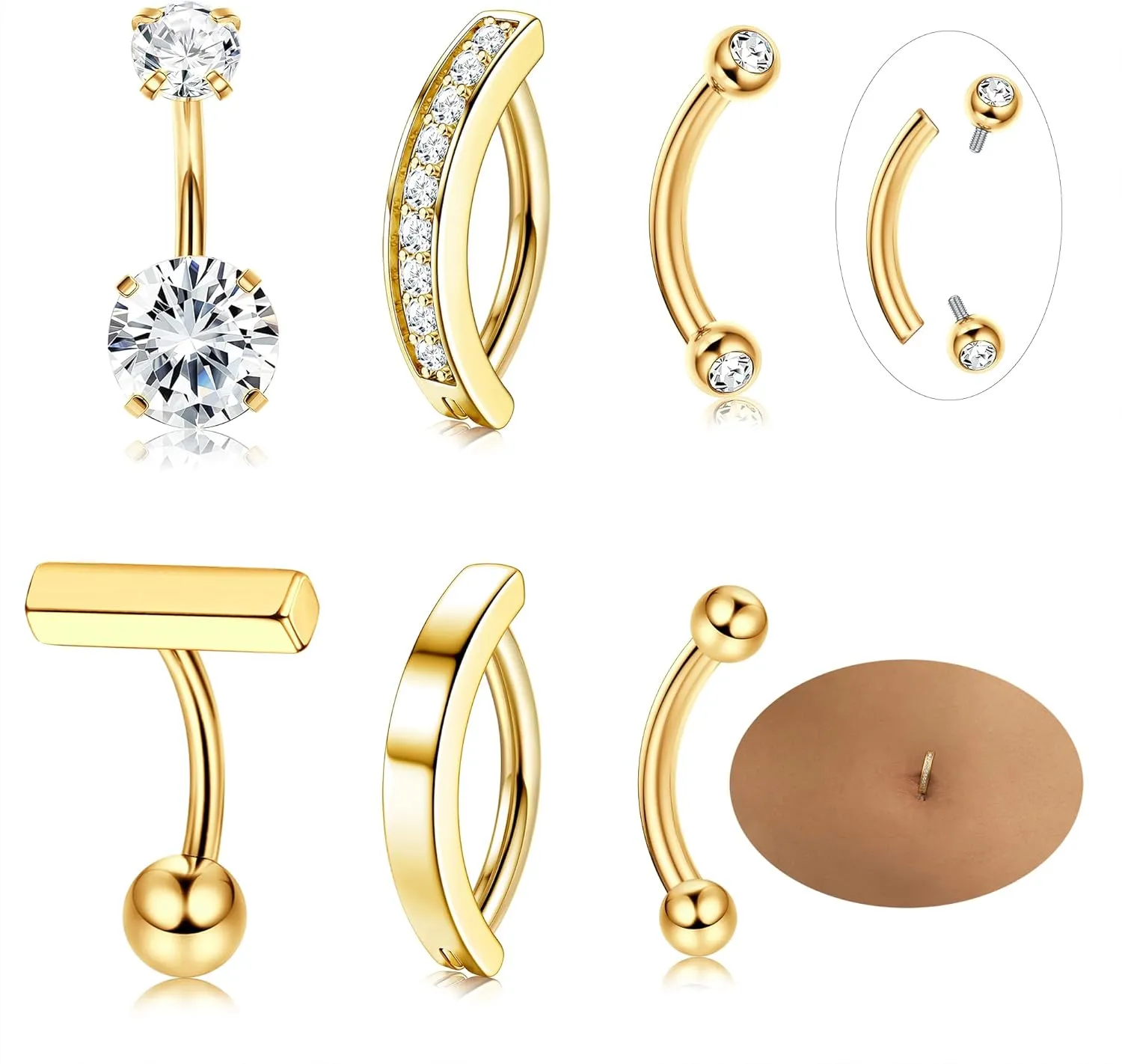 Florideco 6pcs 14G Belly Button Rings For Women Surgical Steel Belly Rings Clicker CZ Navel Rings Simple Small Belly Ring Body Jewelry 10mm 12mm Curved Barbell