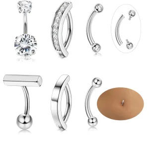 Florideco 6pcs 14G Belly Button Rings For Women Surgical Steel Belly Rings Clicker CZ Navel Rings Simple Small Belly Ring Body Jewelry 10mm 12mm Curved Barbell