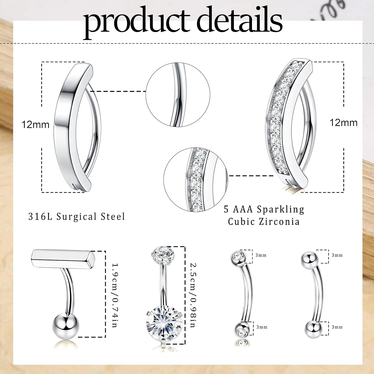 Florideco 6pcs 14G Belly Button Rings For Women Surgical Steel Belly Rings Clicker CZ Navel Rings Simple Small Belly Ring Body Jewelry 10mm 12mm Curved Barbell