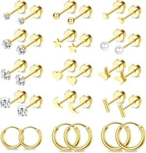 Florideco Small Hypoallergenic Flat Back Stud Earrings for Women Men 14K Gold Plated Surgical Stainless Steel Earrings Tiny Stud Earring Screw Back Cartilage Earring Set for Multiple Piercing
