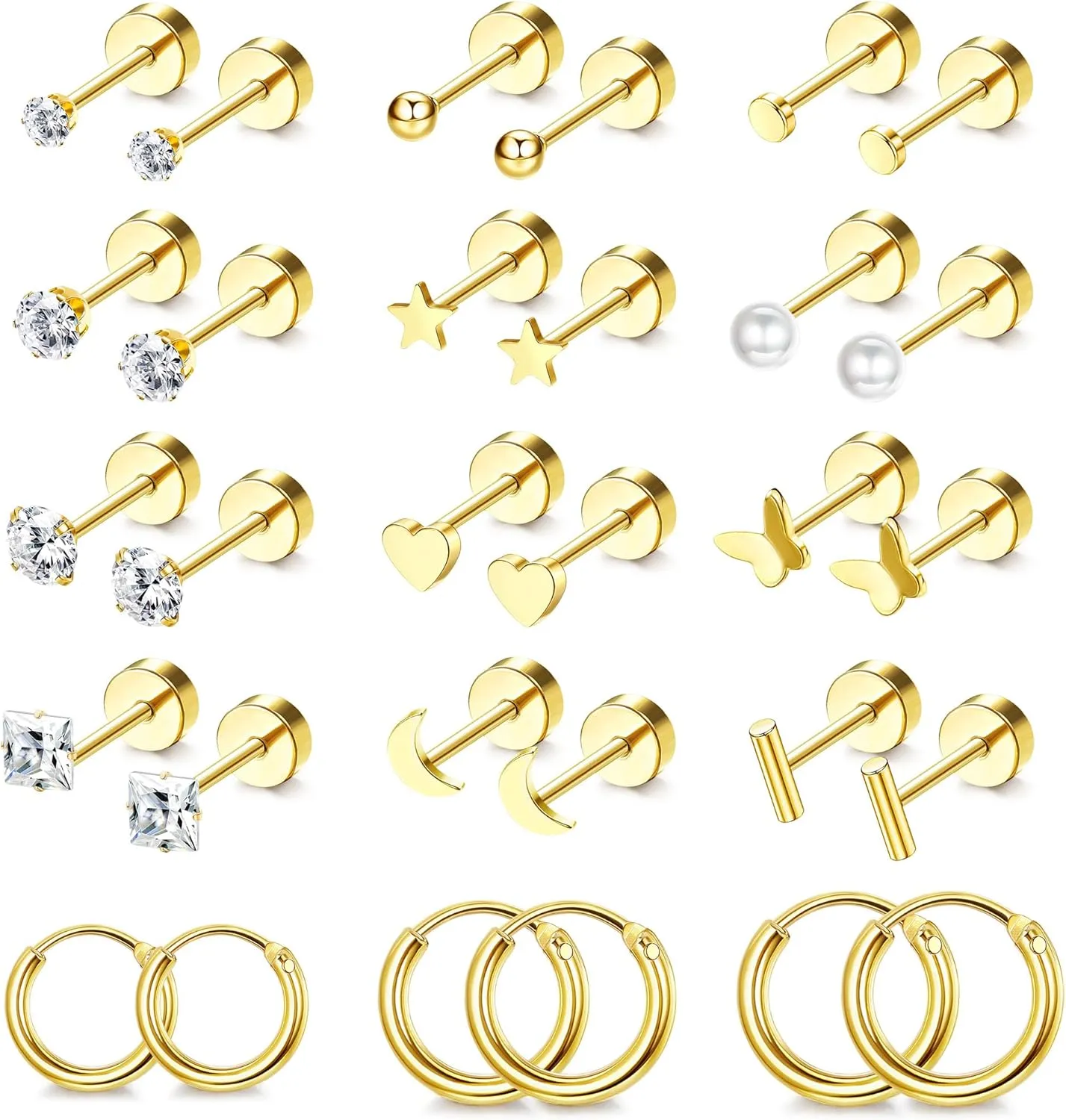 Florideco Small Hypoallergenic Flat Back Stud Earrings for Women Men 14K Gold Plated Surgical Stainless Steel Earrings Tiny Stud Earring Screw Back Cartilage Earring Set for Multiple Piercing