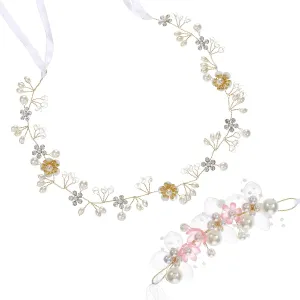Flower Crown for Girls with Wrist Corsage,Flower Girl Headpiece and Bracelets,Wedding Headpiece for Bride,Pearls Rhinestone Headband Princess Hair Accessories for Birthday Party Wedding Glod