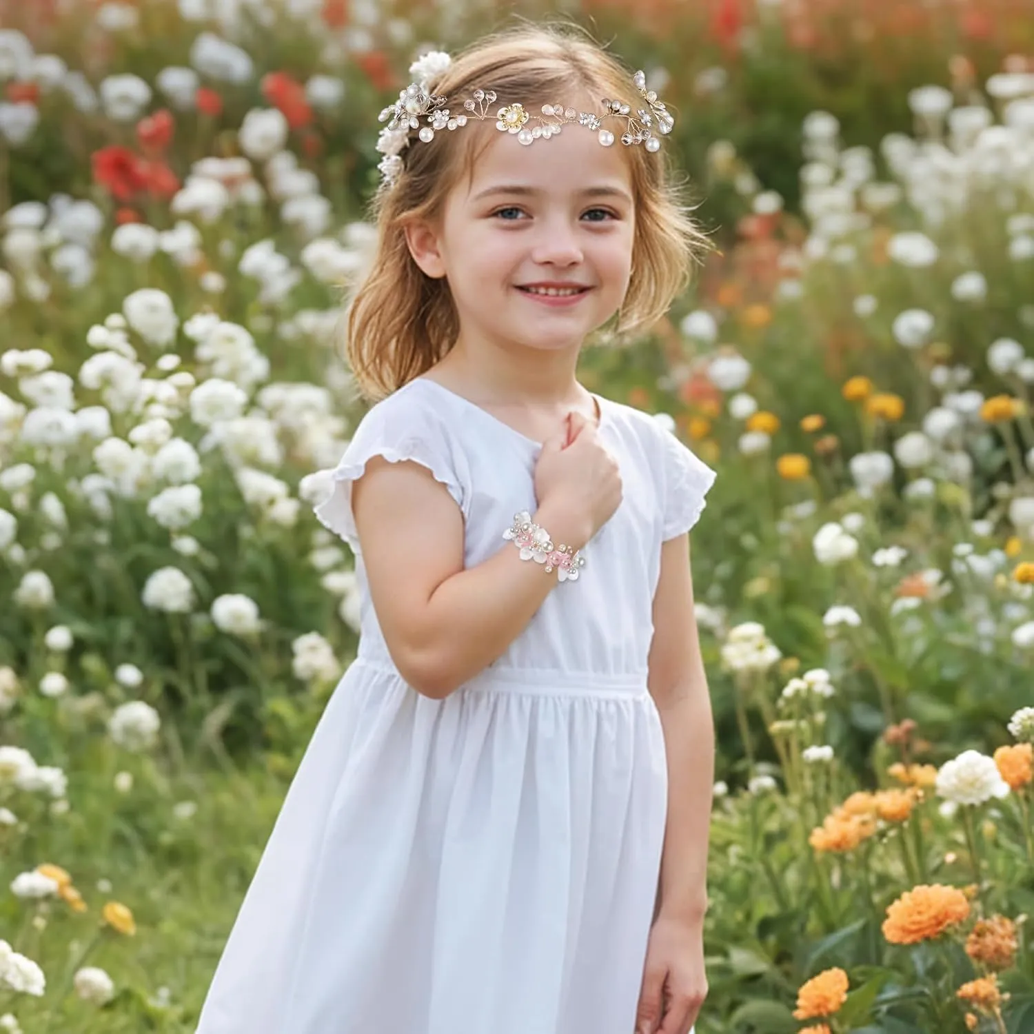 Flower Crown for Girls with Wrist Corsage,Flower Girl Headpiece and Bracelets,Wedding Headpiece for Bride,Pearls Rhinestone Headband Princess Hair Accessories for Birthday Party Wedding Glod