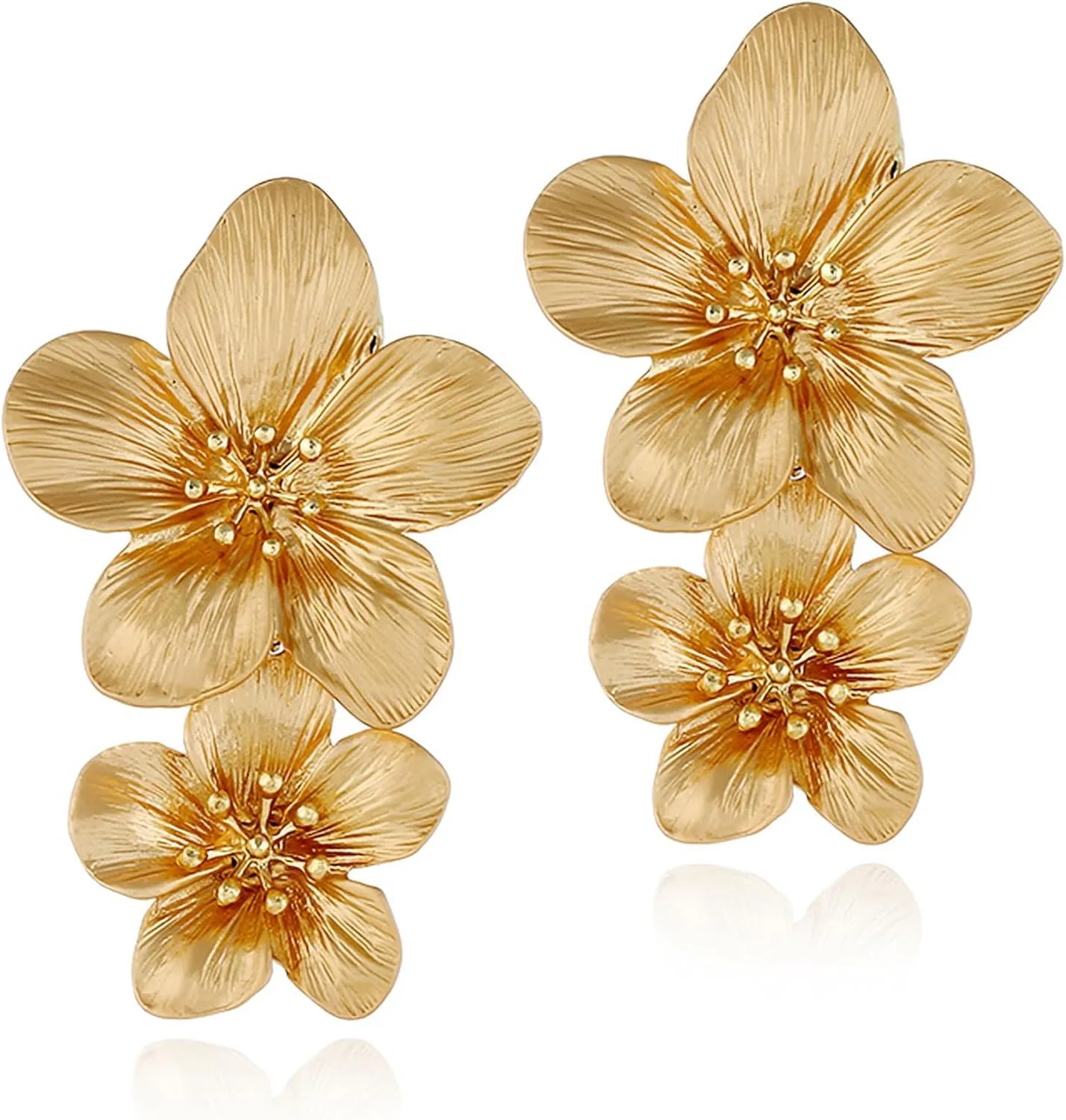 Flower Earrings Dangle Gold Plated Double Flower Stud Earrings Large Big Statement Earring For Women Elegant Floral Earring Gold Trendy Jewelry For Mother's Day Wedding Birthday Christmas