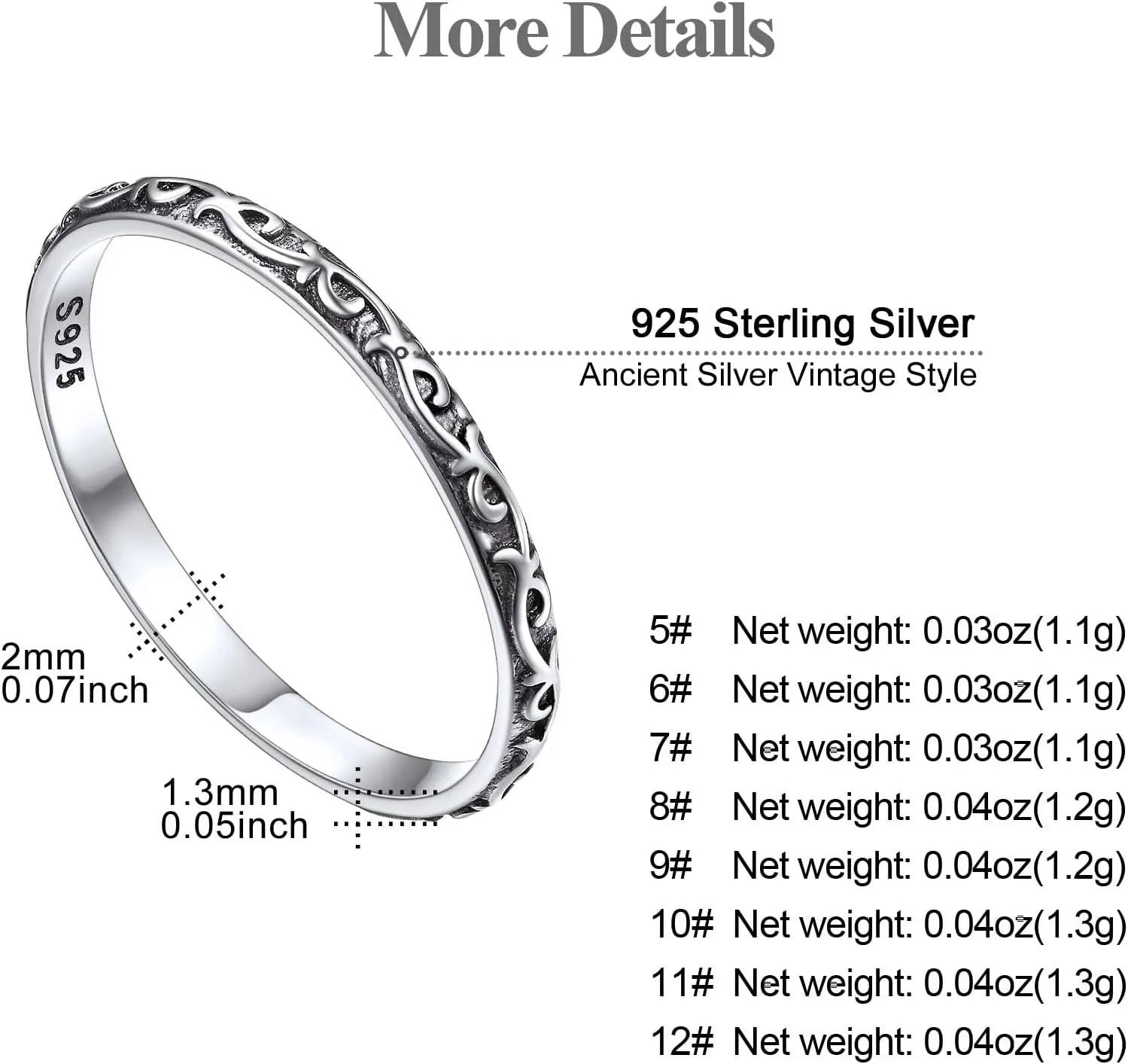 FOCALOOK 925 Sterling Silver 2.8mm Wide Wave Ring - Size 4, Antique Silver Stack Twist Ring Hypoallergenic Pinky Ring for Women