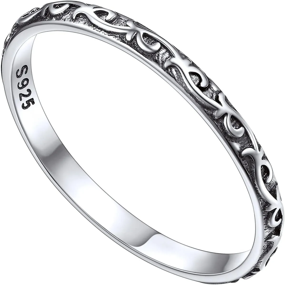 FOCALOOK 925 Sterling Silver 2.8mm Wide Wave Ring - Size 4, Antique Silver Stack Twist Ring Hypoallergenic Pinky Ring for Women